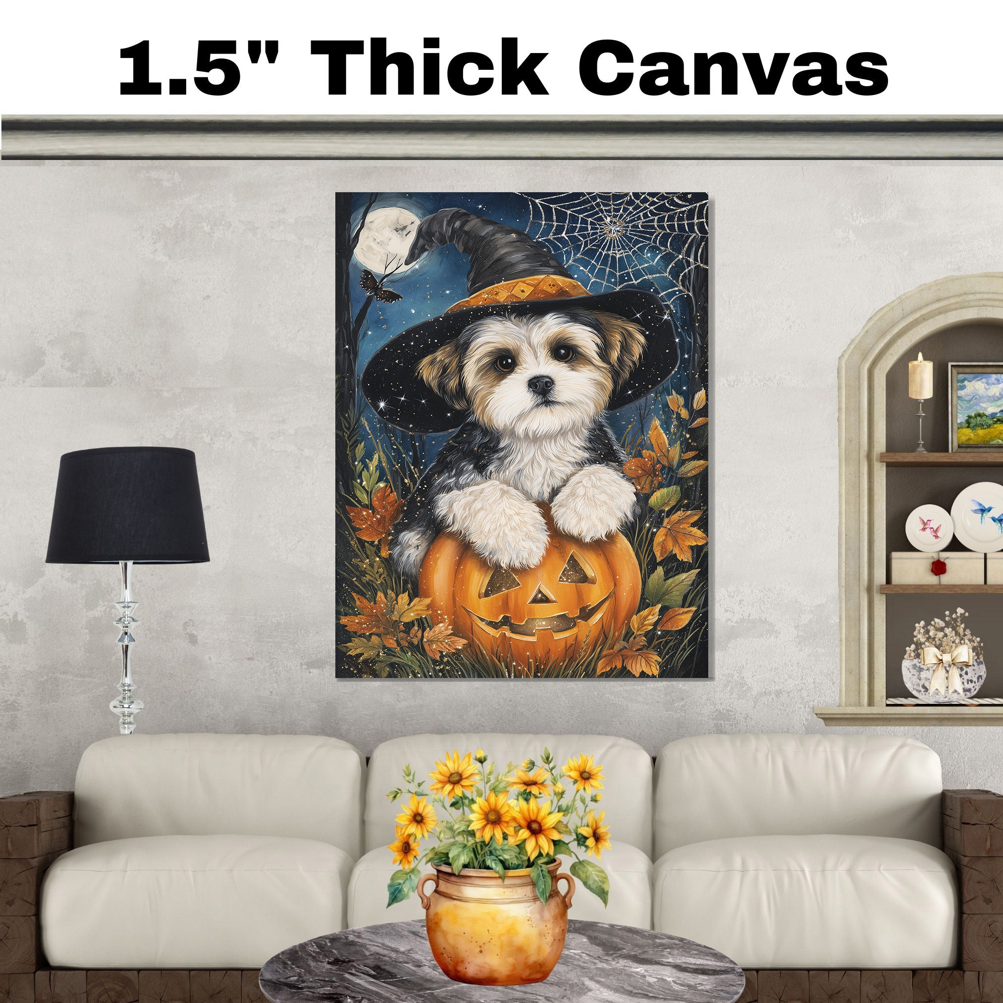 Malti Tzu Dog Canvas Wall Art for Halloween Indoor Decorations for Mom's Living Room Thanksgiving Décor on Ready to Hang 1.5" Thick Canvas Wrap, Floating Framed Canvas, Flat Rolled Canvas