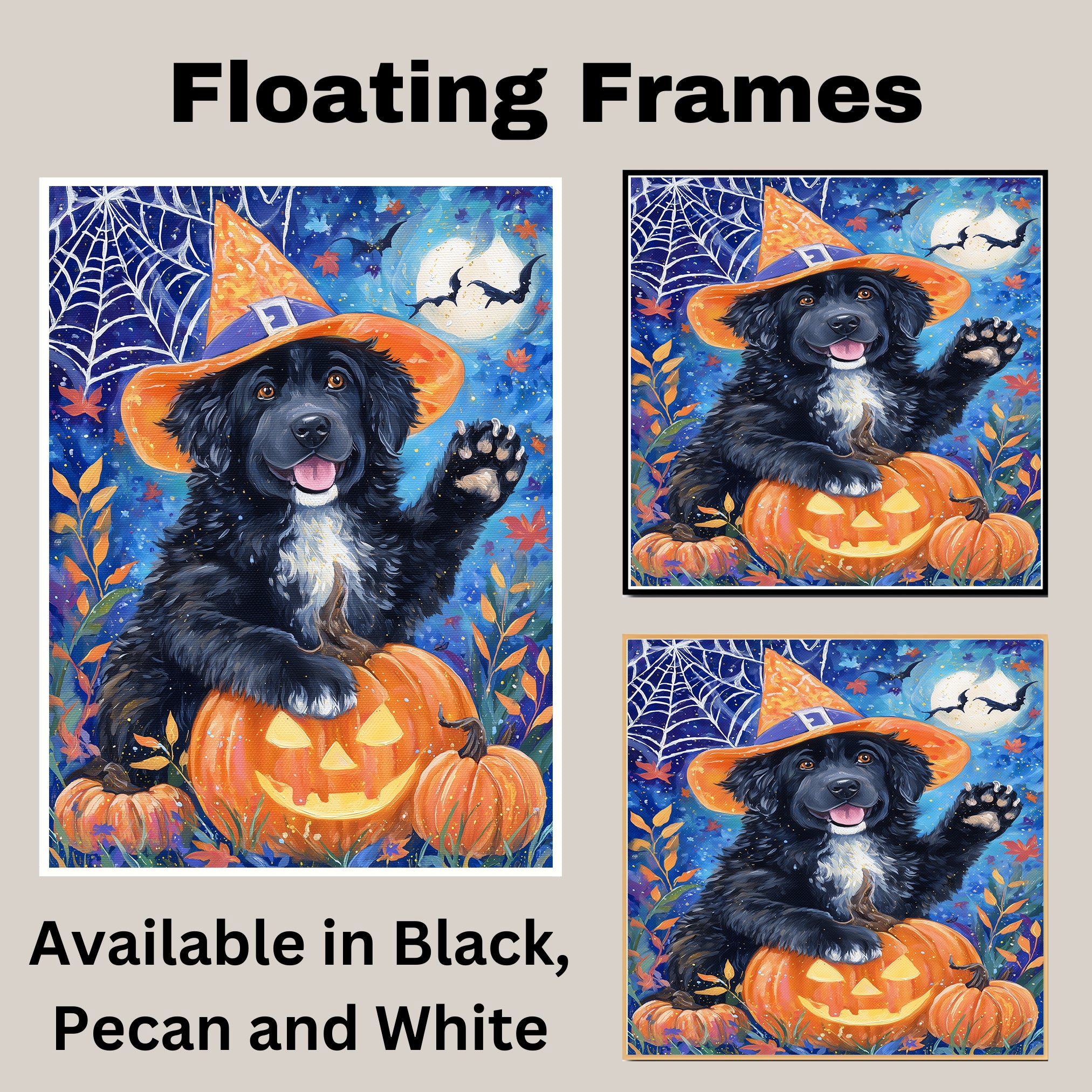 Newfoundland Dog Halloween Witch Hat Canvas Wall Art for Pet Lovers Home Décor for Autumn Party on Ready to Hang 1.5" Thick Canvas Wrap, Floating Framed Canvas, Flat Rolled Canvas