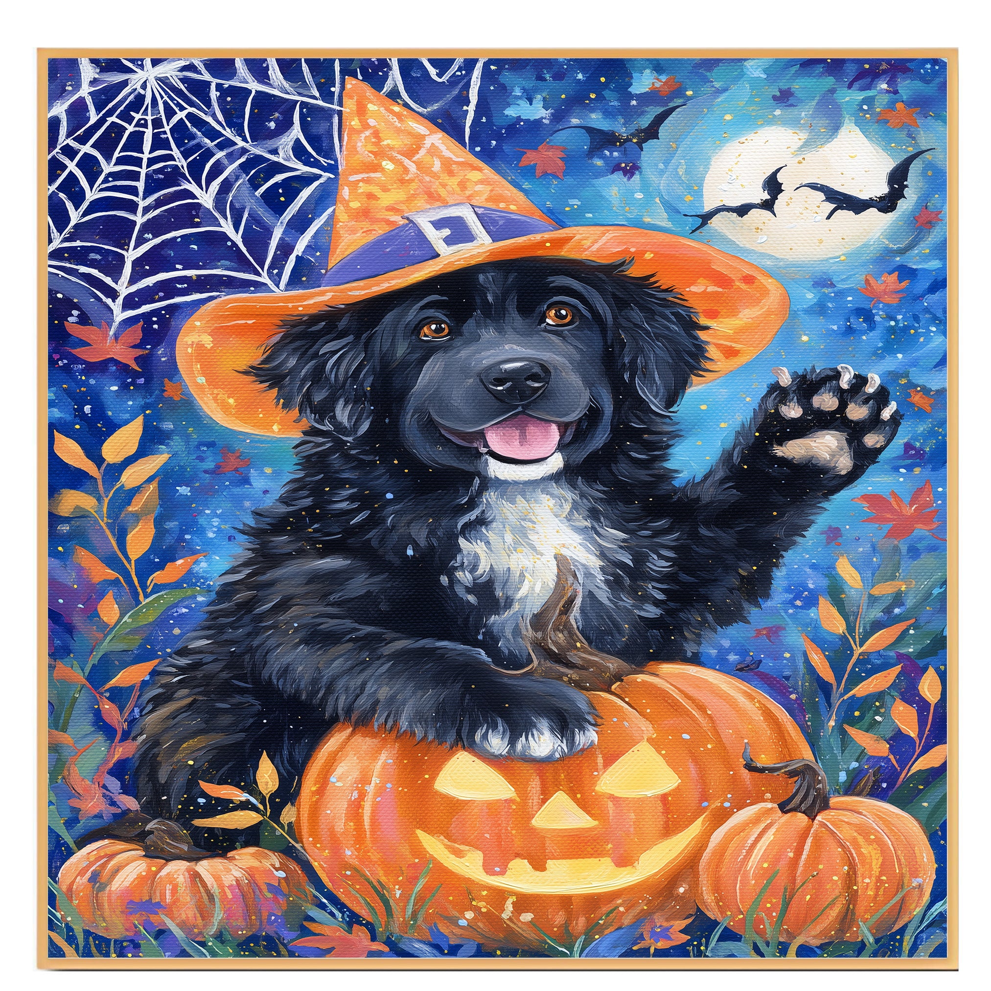 Newfoundland Dog Halloween Witch Hat Canvas Wall Art for Pet Lovers Home Décor for Autumn Party on Ready to Hang 1.5" Thick Canvas Wrap, Floating Framed Canvas, Flat Rolled Canvas