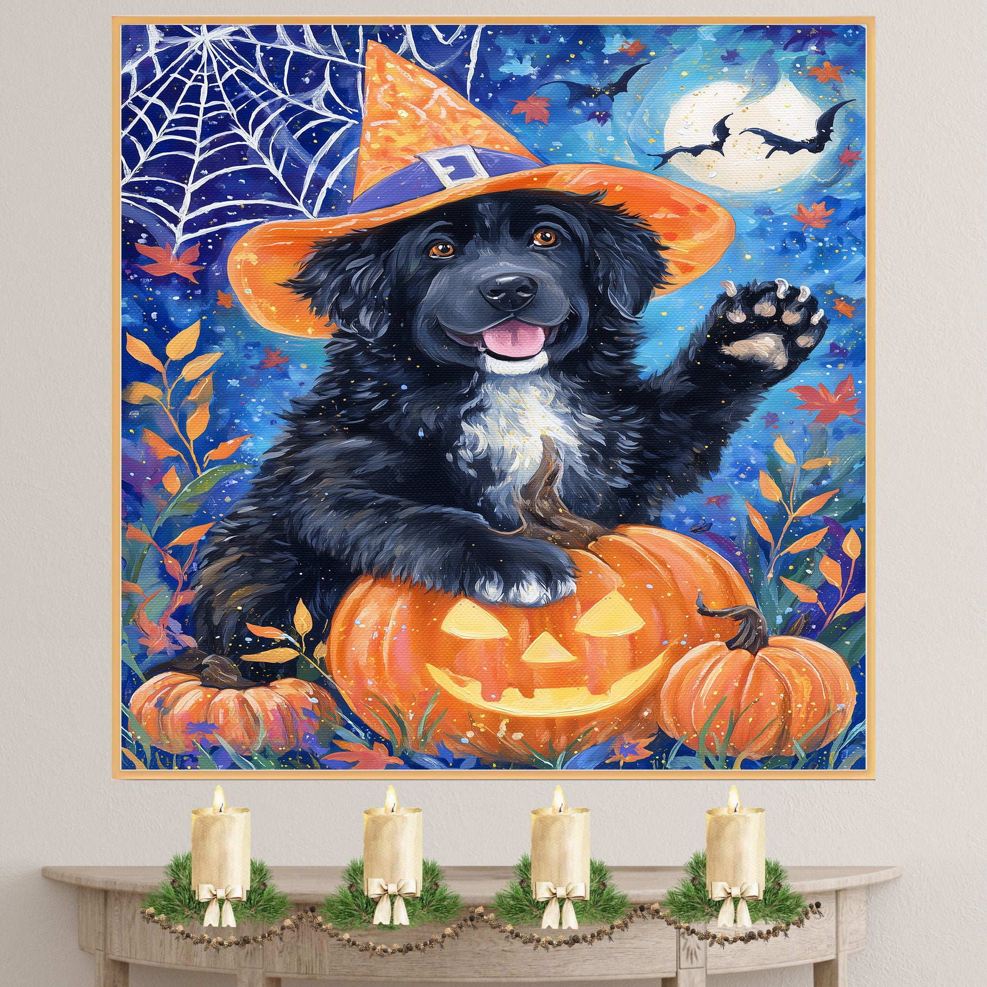 Newfoundland Dog Halloween Witch Hat Canvas Wall Art for Pet Lovers Home Décor for Autumn Party on Ready to Hang 1.5" Thick Canvas Wrap, Floating Framed Canvas, Flat Rolled Canvas