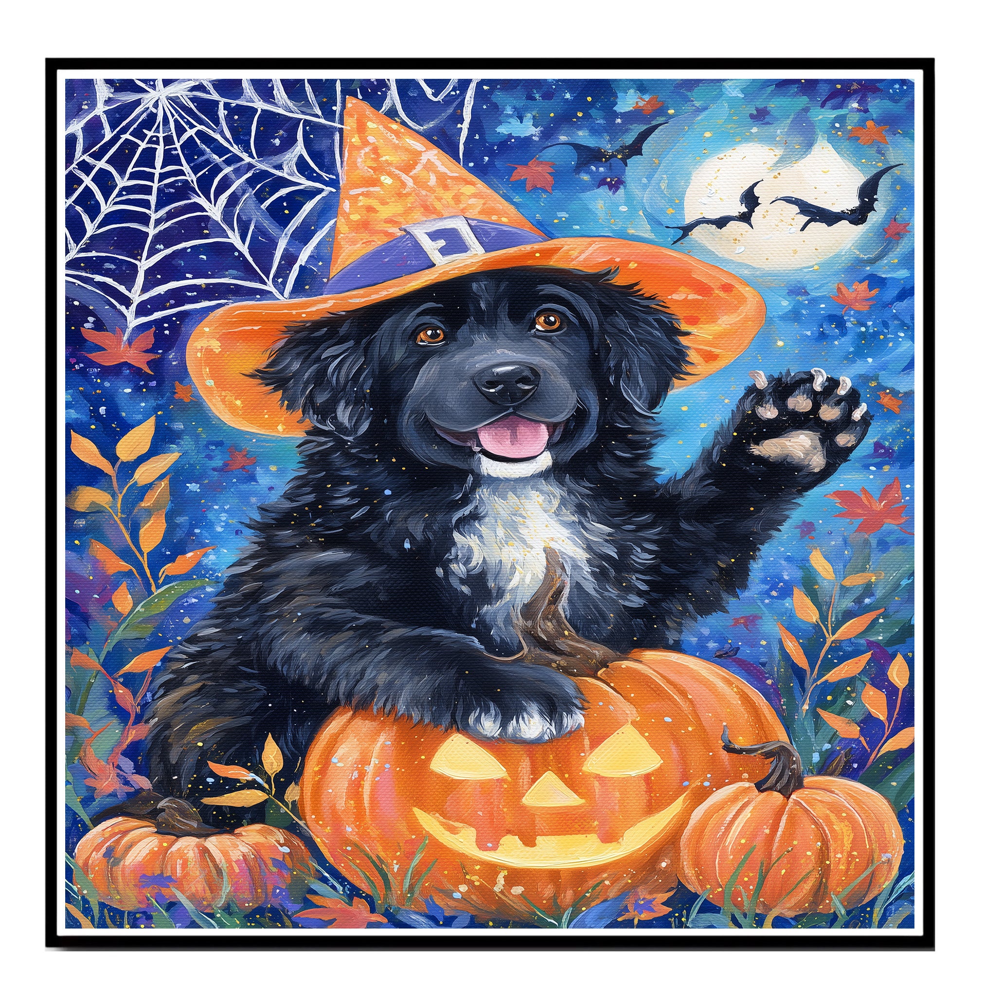Newfoundland Dog Halloween Witch Hat Canvas Wall Art for Pet Lovers Home Décor for Autumn Party on Ready to Hang 1.5" Thick Canvas Wrap, Floating Framed Canvas, Flat Rolled Canvas