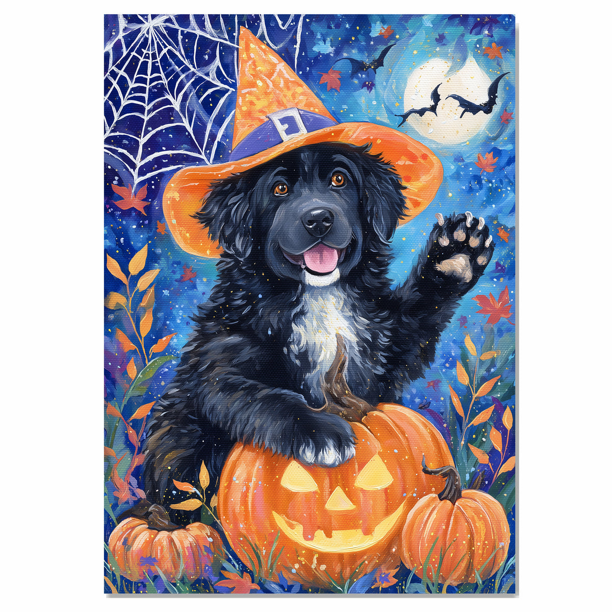 Newfoundland Dog Halloween Witch Hat Canvas Wall Art for Pet Lovers Home Décor for Autumn Party on Ready to Hang 1.5" Thick Canvas Wrap, Floating Framed Canvas, Flat Rolled Canvas