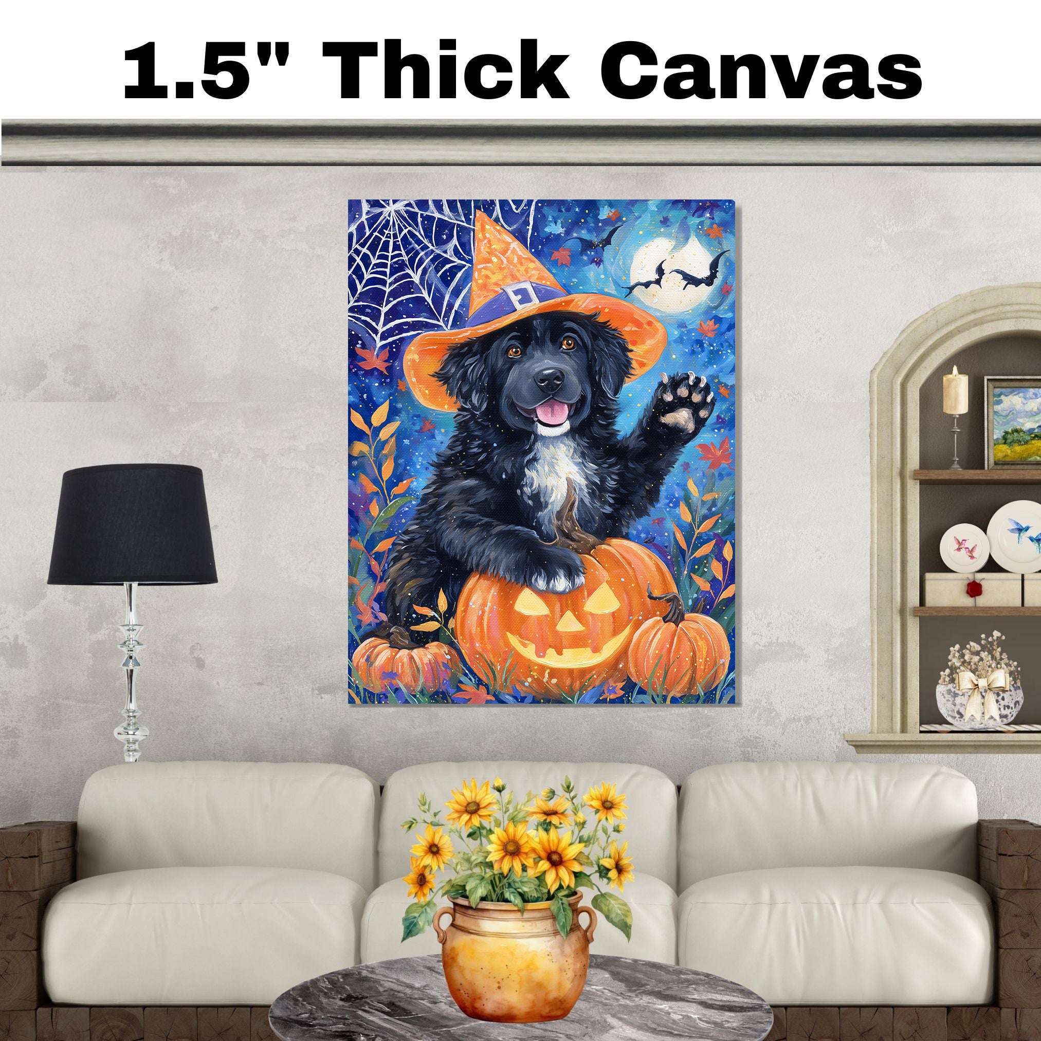 Newfoundland Dog Halloween Witch Hat Canvas Wall Art for Pet Lovers Home Décor for Autumn Party on Ready to Hang 1.5" Thick Canvas Wrap, Floating Framed Canvas, Flat Rolled Canvas