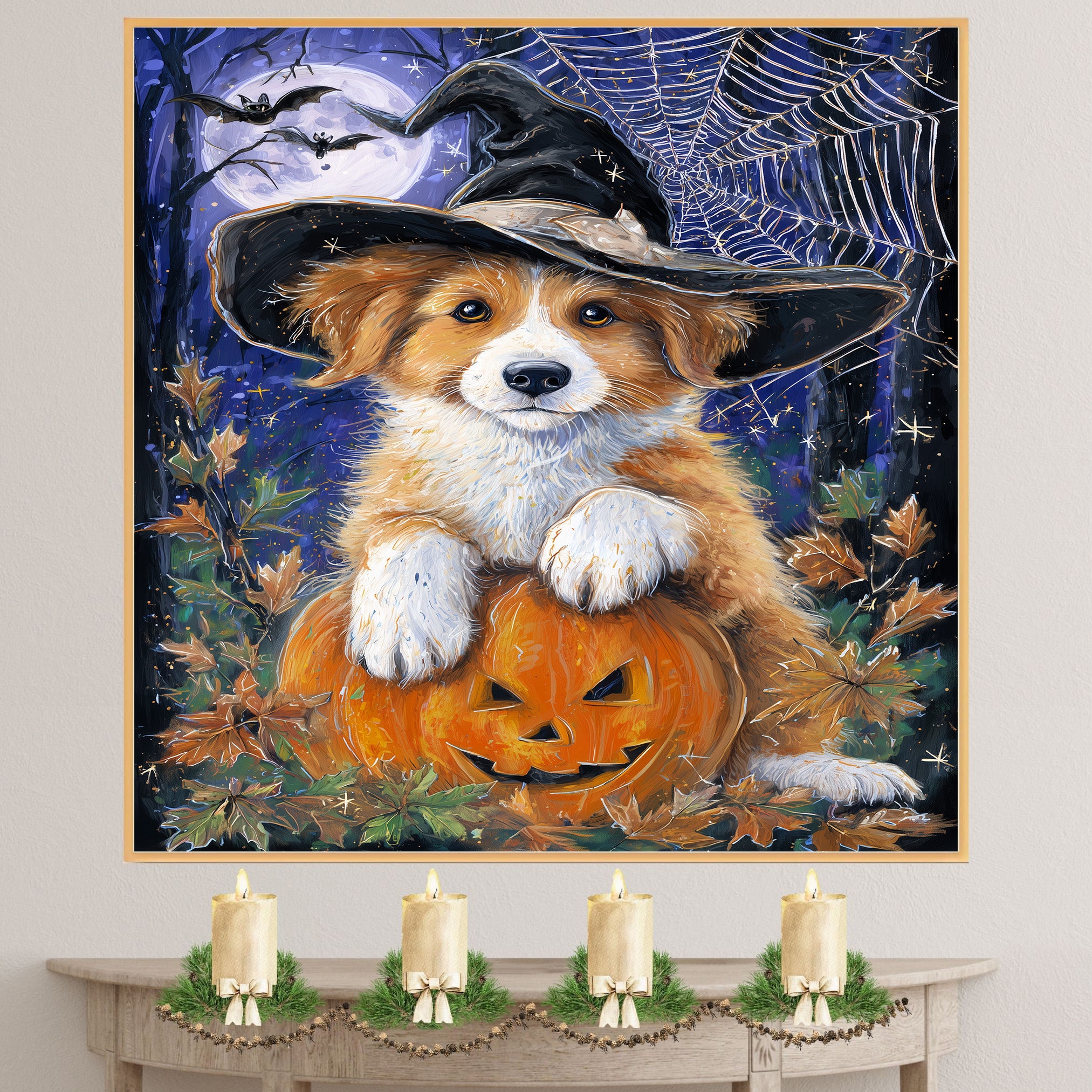 Nova Scotia Duck Toller Dog Artwork for Halloween Spooky Pumpkin Fall Canvas Art for Bedroom Home Décor on Ready to Hang 1.5" Thick Canvas Wrap, Floating Framed Canvas, Flat Rolled Canvas