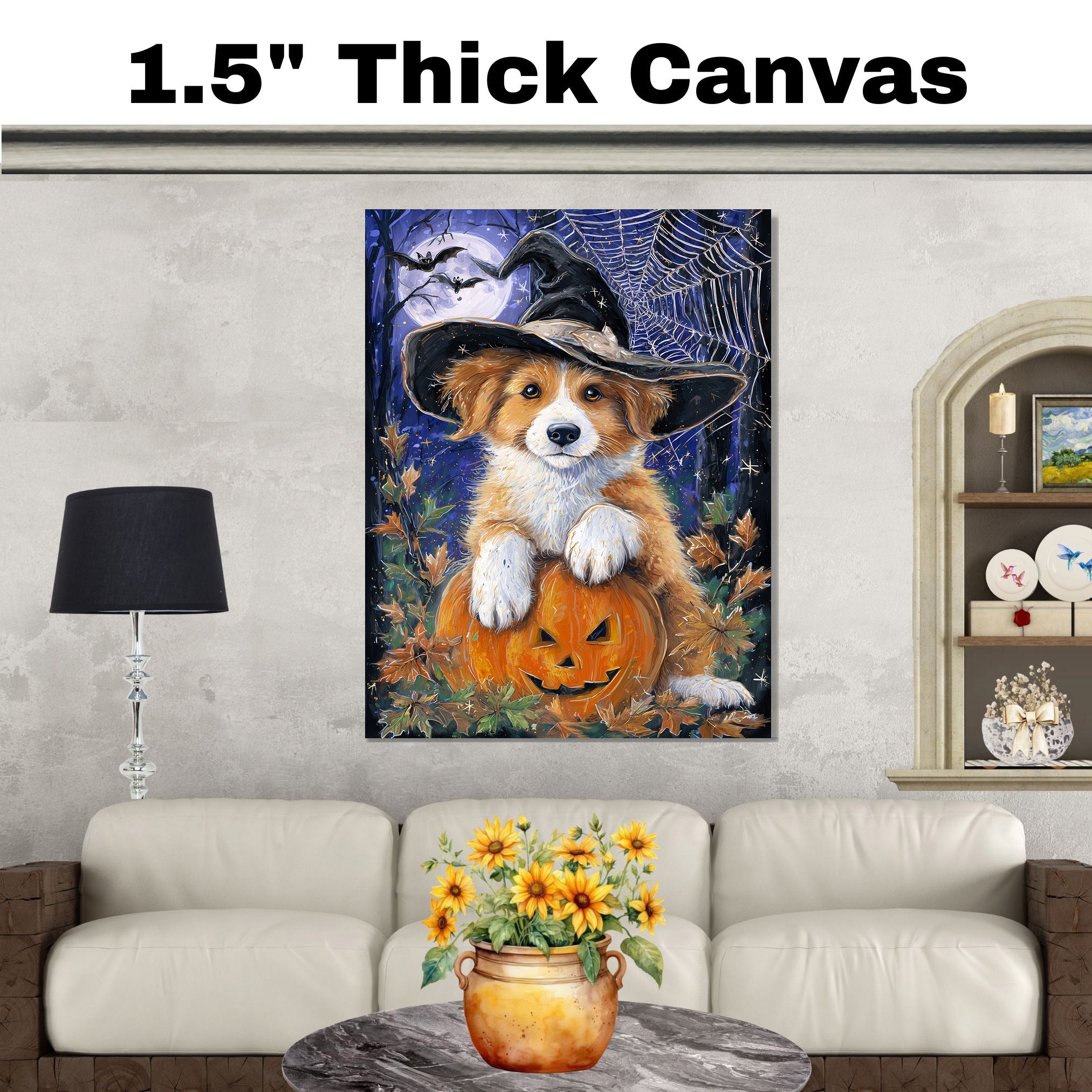 Nova Scotia Duck Toller Dog Artwork for Halloween Spooky Pumpkin Fall Canvas Art for Bedroom Home Décor on Ready to Hang 1.5" Thick Canvas Wrap, Floating Framed Canvas, Flat Rolled Canvas