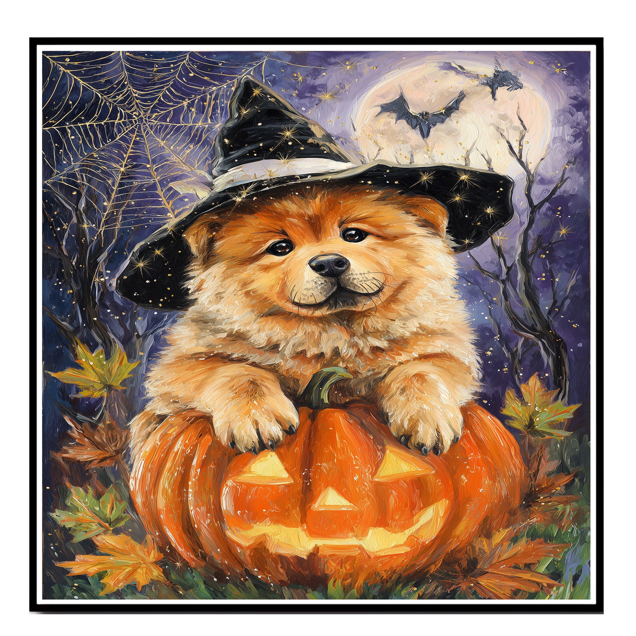 Chow Chow Puppy Harvest Pumpkins Wall Prints for Dog Lover Party Decorations Gift for Mom's Birthday on Ready to Hang 1.5" Thick Canvas Wrap, Floating Framed Canvas, Flat Rolled Canvas