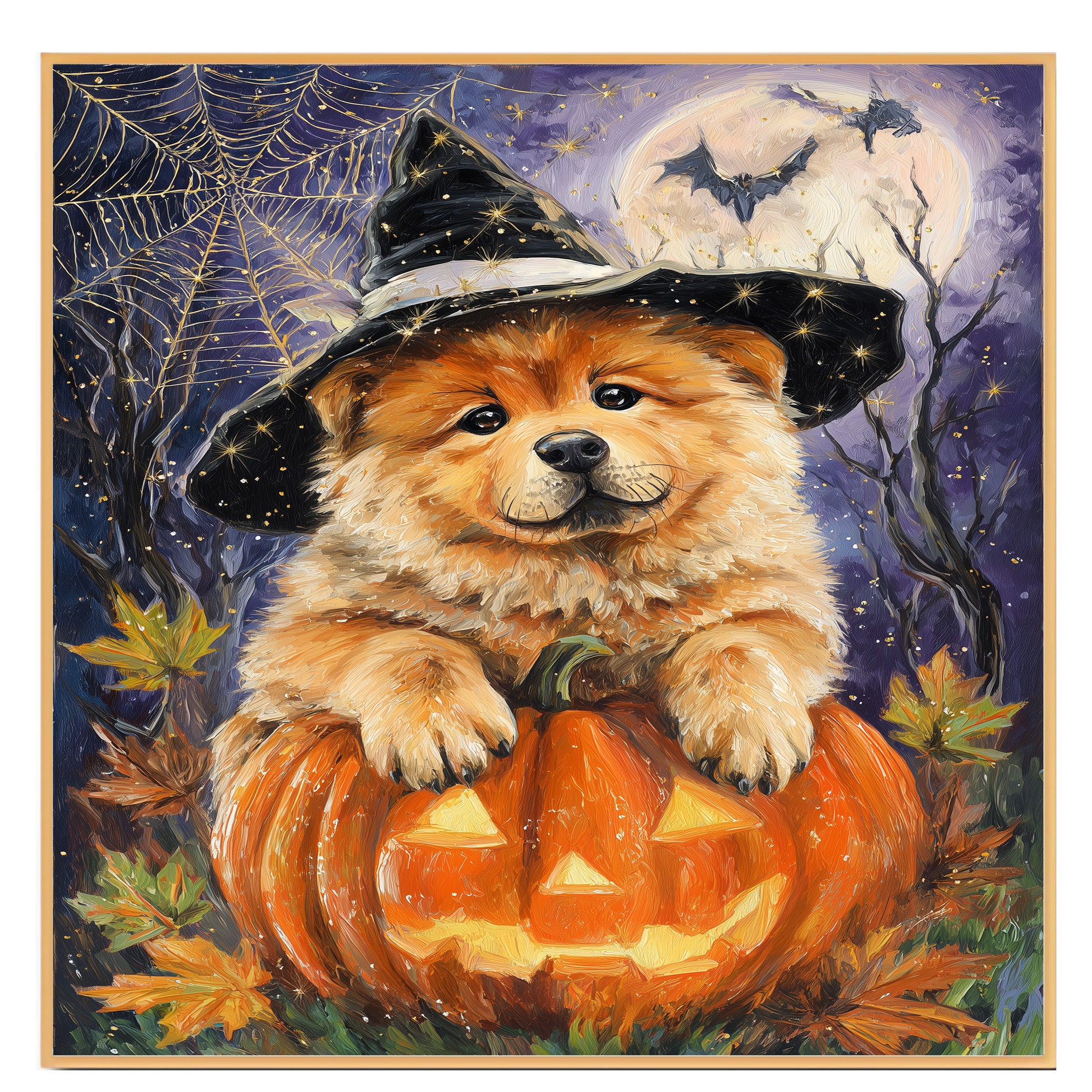 Chow Chow Puppy Harvest Pumpkins Wall Prints for Dog Lover Party Decorations Gift for Mom's Birthday on Ready to Hang 1.5" Thick Canvas Wrap, Floating Framed Canvas, Flat Rolled Canvas