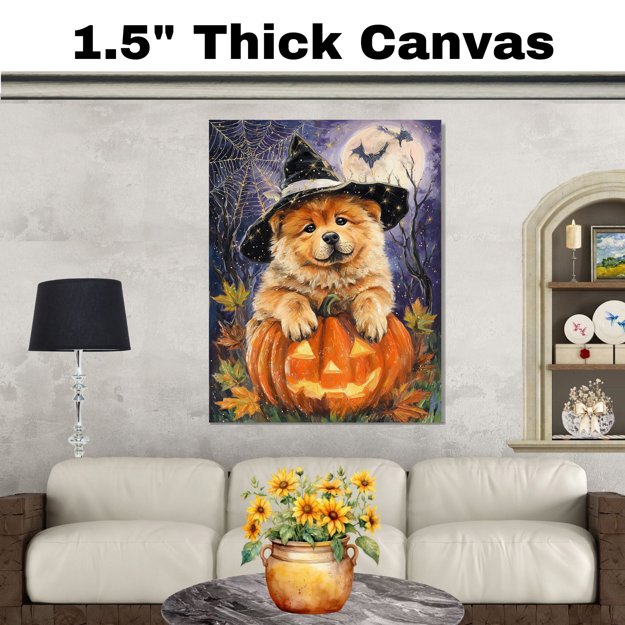 Chow Chow Puppy Harvest Pumpkins Wall Prints for Dog Lover Party Decorations Gift for Mom's Birthday on Ready to Hang 1.5" Thick Canvas Wrap, Floating Framed Canvas, Flat Rolled Canvas