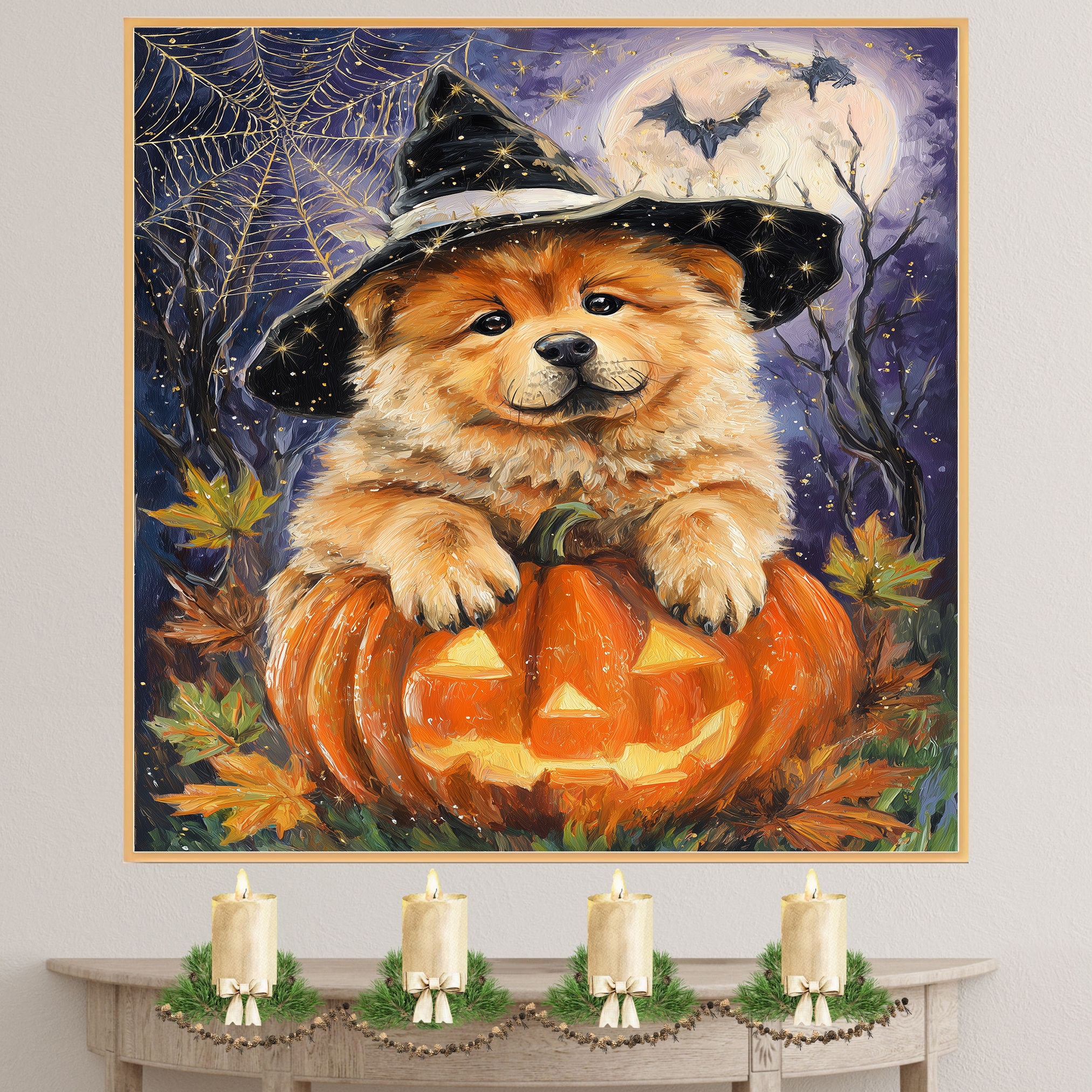 Chow Chow Puppy Harvest Pumpkins Wall Prints for Dog Lover Party Decorations Gift for Mom's Birthday on Ready to Hang 1.5" Thick Canvas Wrap, Floating Framed Canvas, Flat Rolled Canvas