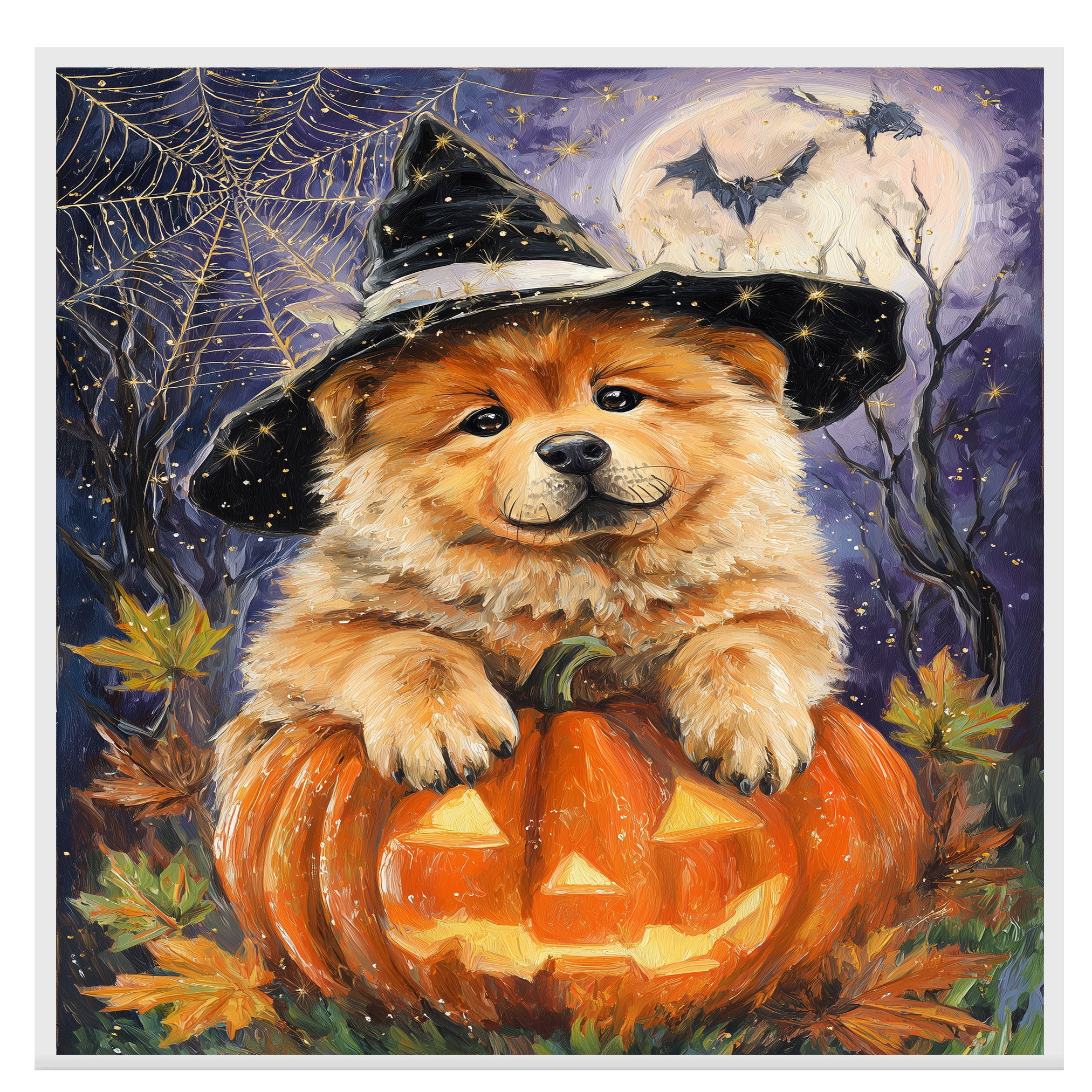 Chow Chow Puppy Harvest Pumpkins Wall Prints for Dog Lover Party Decorations Gift for Mom's Birthday on Ready to Hang 1.5" Thick Canvas Wrap, Floating Framed Canvas, Flat Rolled Canvas