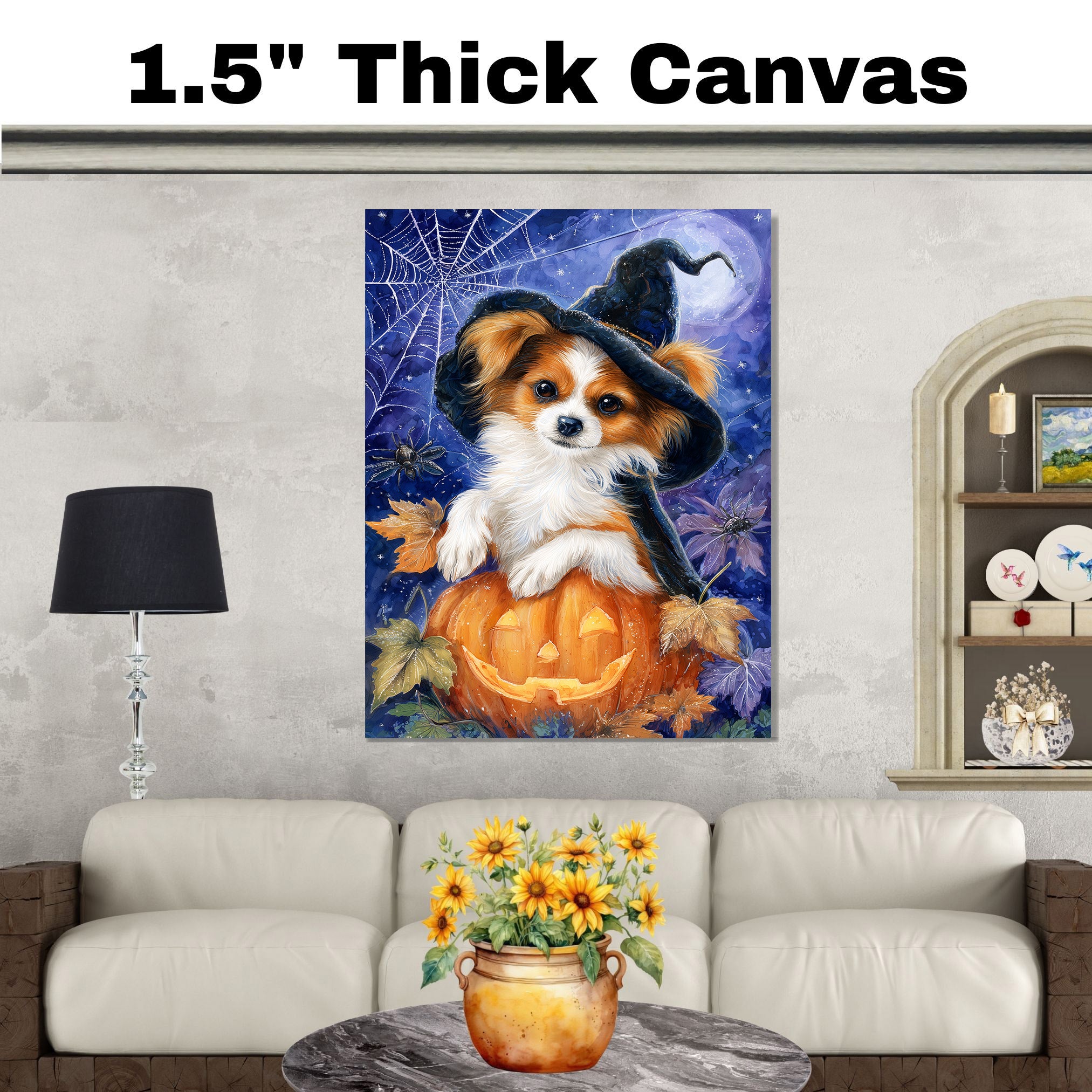 Papillon Dog Spooky Pumpkin Pictures Print for Living Room Decoration for Dad's Halloween Party on Ready to Hang 1.5" Thick Canvas Wrap, Floating Framed Canvas, Flat Rolled Canvas