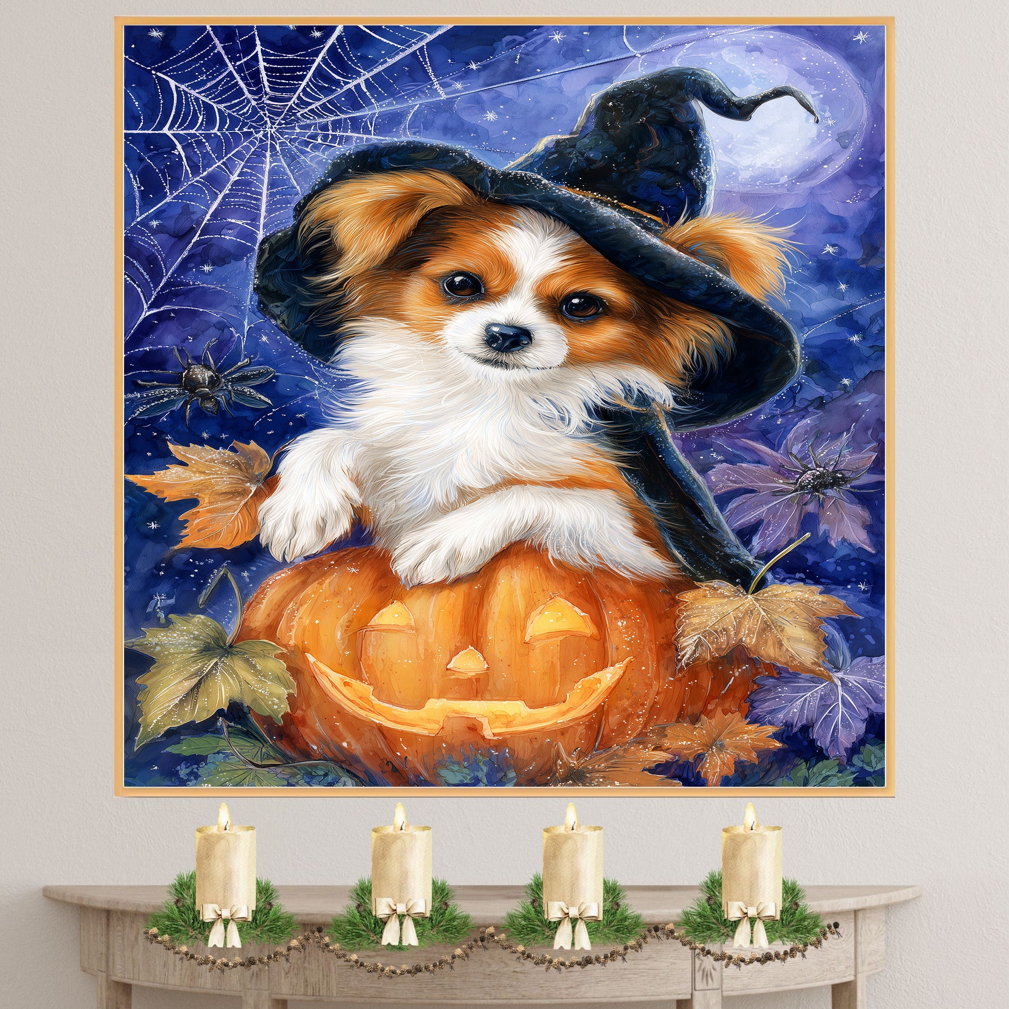 Papillon Dog Spooky Pumpkin Pictures Print for Living Room Decoration for Dad's Halloween Party on Ready to Hang 1.5" Thick Canvas Wrap, Floating Framed Canvas, Flat Rolled Canvas