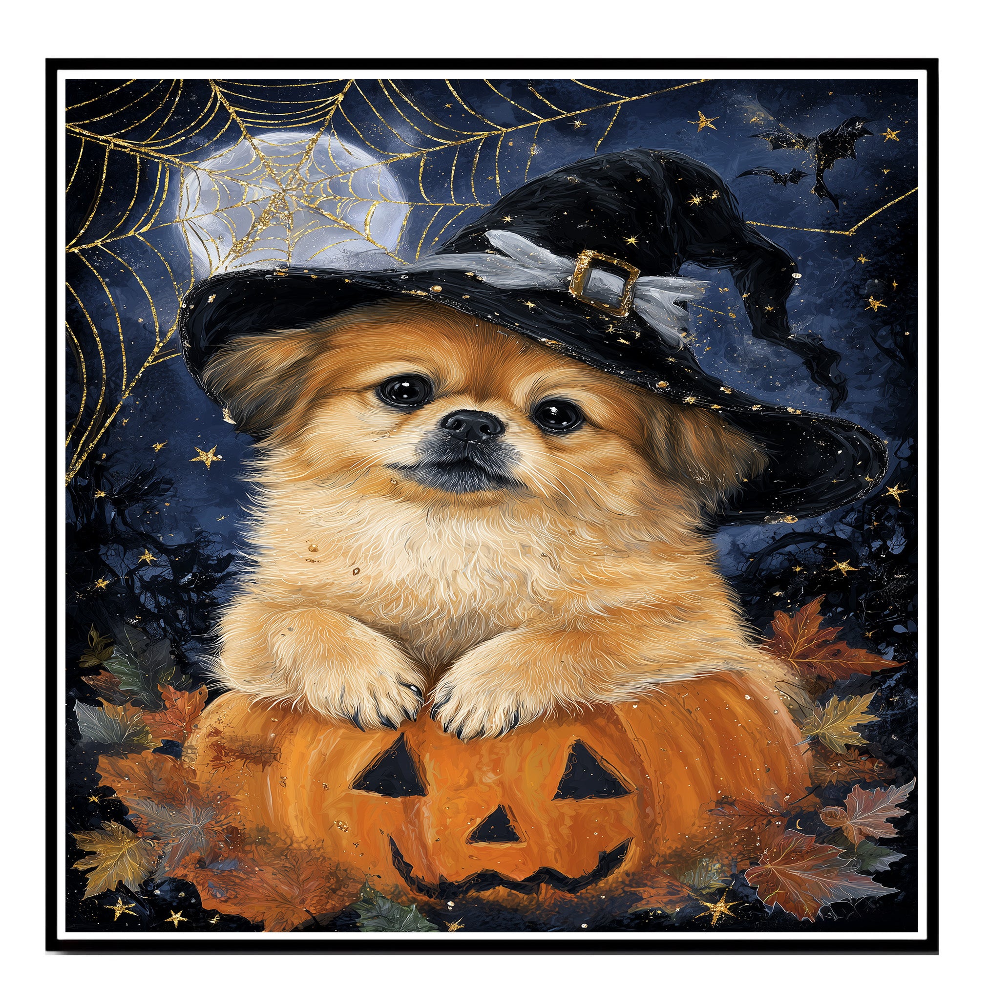 Pekingese Dog Witch Poster for Fall Home Decoration Artwork for Grandma's Farmhouse Décor on Ready to Hang 1.5" Thick Canvas Wrap, Floating Framed Canvas, Flat Rolled Canvas