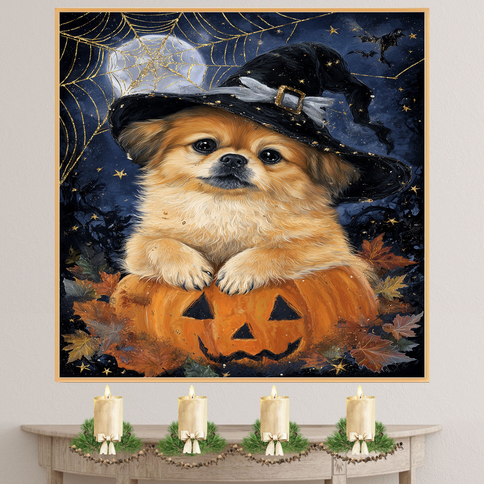 Pekingese Dog Witch Poster for Fall Home Decoration Artwork for Grandma's Farmhouse Décor on Ready to Hang 1.5" Thick Canvas Wrap, Floating Framed Canvas, Flat Rolled Canvas