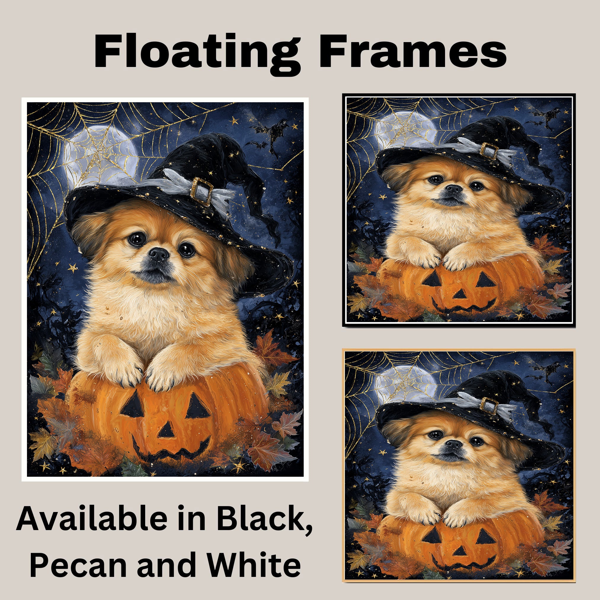 Pekingese Dog Witch Poster for Fall Home Decoration Artwork for Grandma's Farmhouse Décor on Ready to Hang 1.5" Thick Canvas Wrap, Floating Framed Canvas, Flat Rolled Canvas