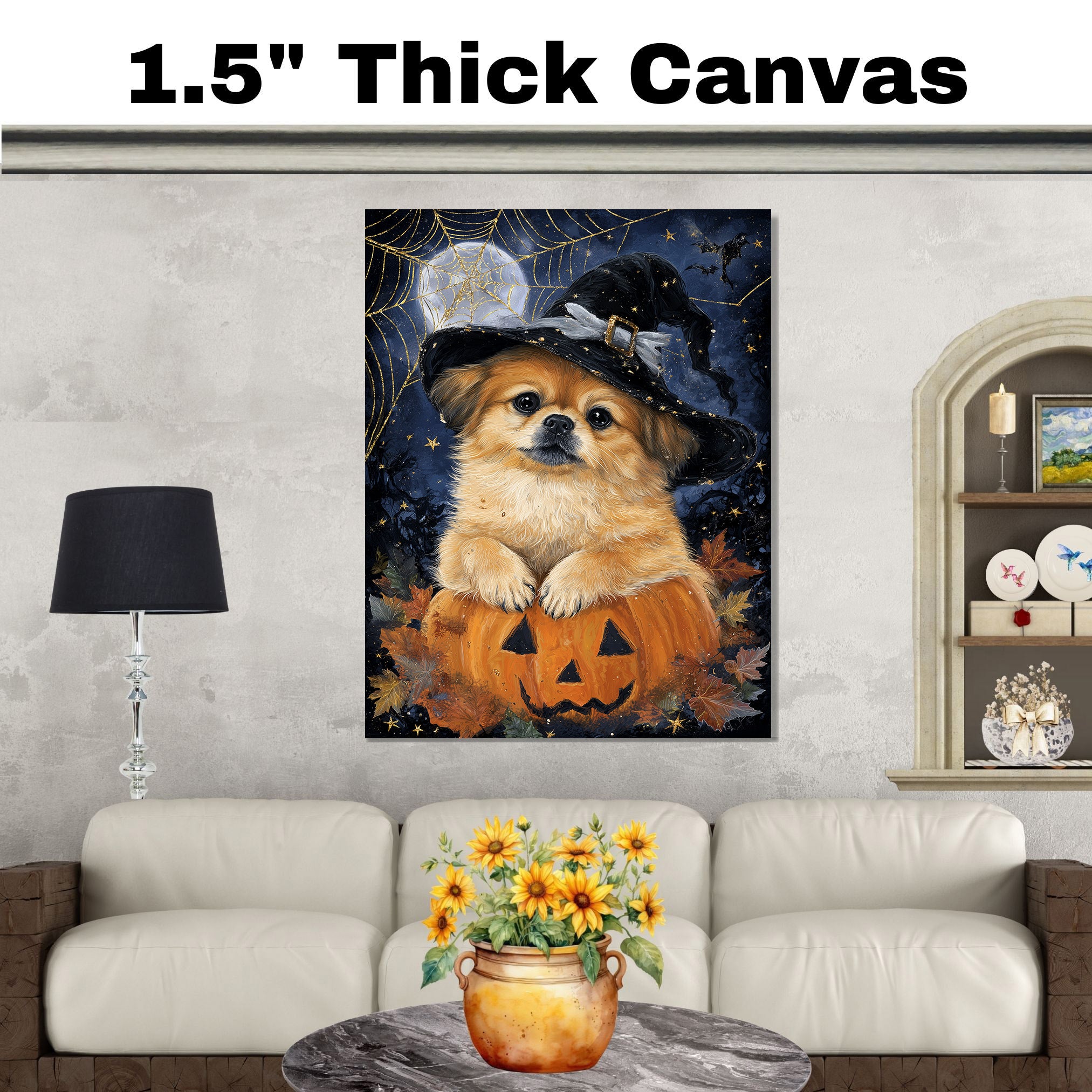 Pekingese Dog Witch Poster for Fall Home Decoration Artwork for Grandma's Farmhouse Décor on Ready to Hang 1.5" Thick Canvas Wrap, Floating Framed Canvas, Flat Rolled Canvas