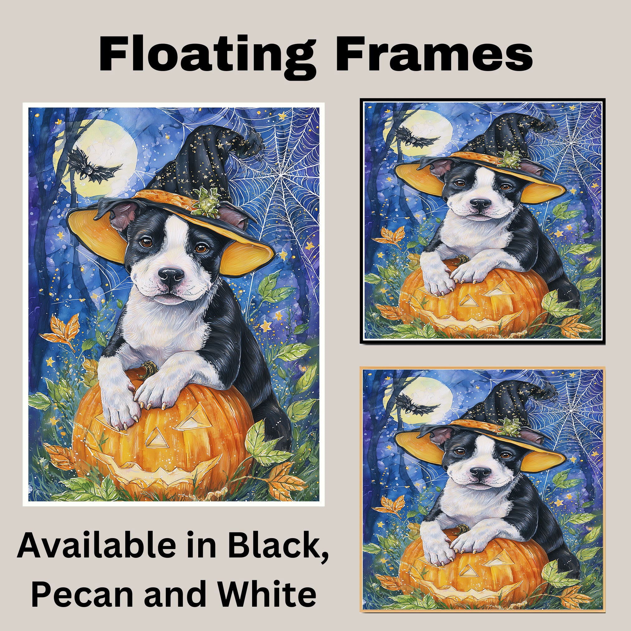 Halloween Pitbull Dog Canvas Wall Art Cute Puppy in Witch Hat and Pumpkin Decor for Dog Lovers on Ready to Hang 1.5" Thick Canvas Wrap, Floating Framed Canvas, Flat Rolled Canvas