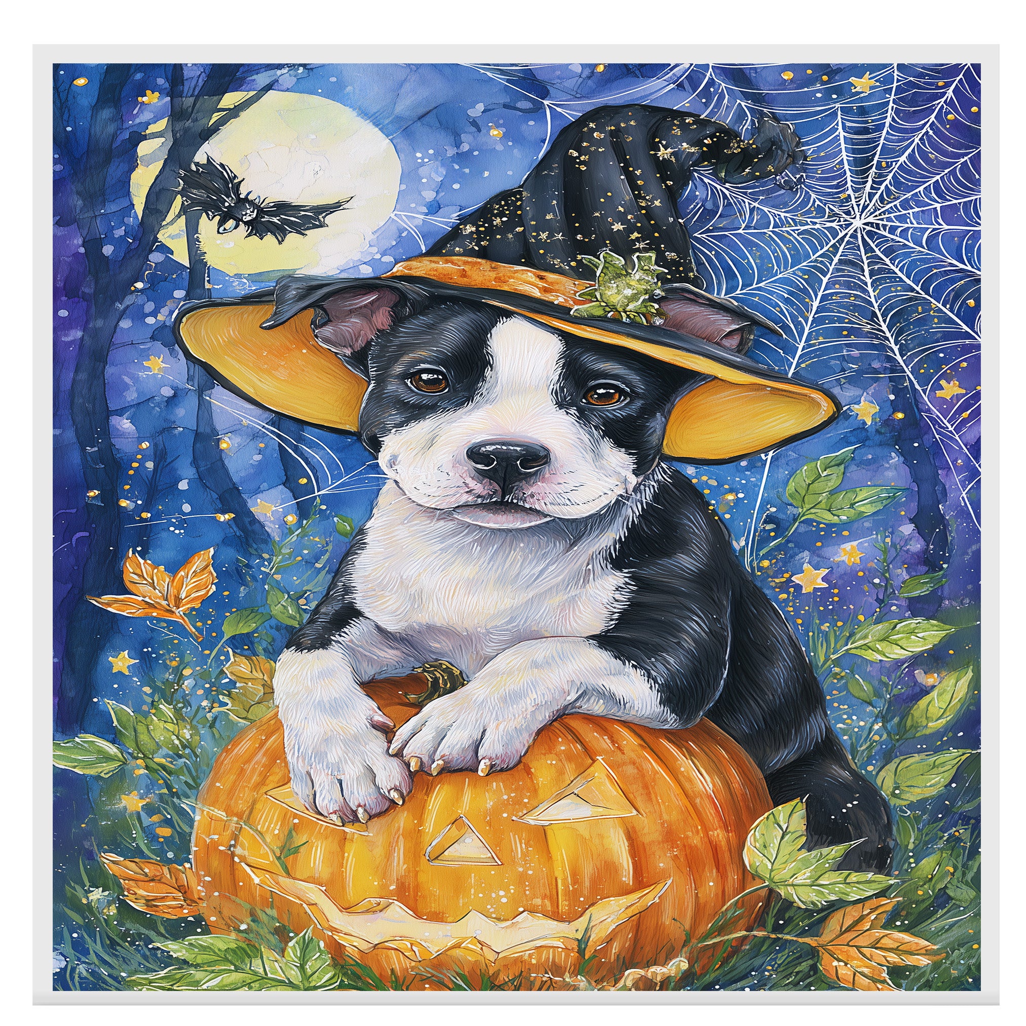 Halloween Pitbull Dog Canvas Wall Art Cute Puppy in Witch Hat and Pumpkin Decor for Dog Lovers on Ready to Hang 1.5" Thick Canvas Wrap, Floating Framed Canvas, Flat Rolled Canvas