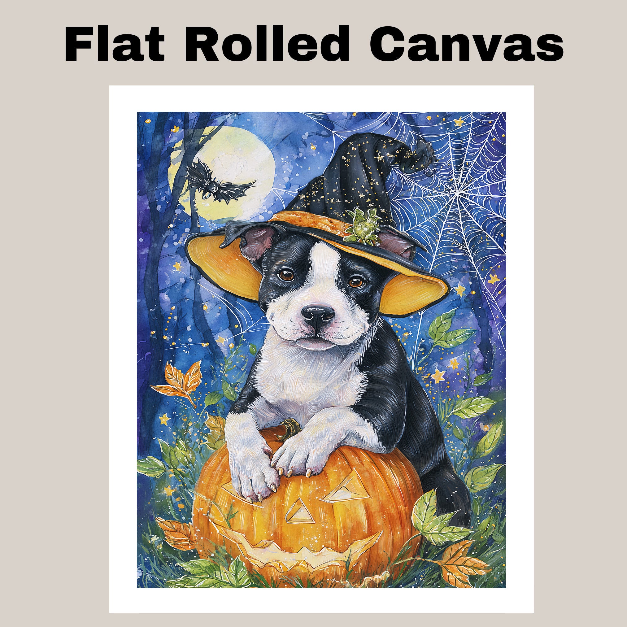 Halloween Pitbull Dog Canvas Wall Art Cute Puppy in Witch Hat and Pumpkin Decor for Dog Lovers on Ready to Hang 1.5" Thick Canvas Wrap, Floating Framed Canvas, Flat Rolled Canvas