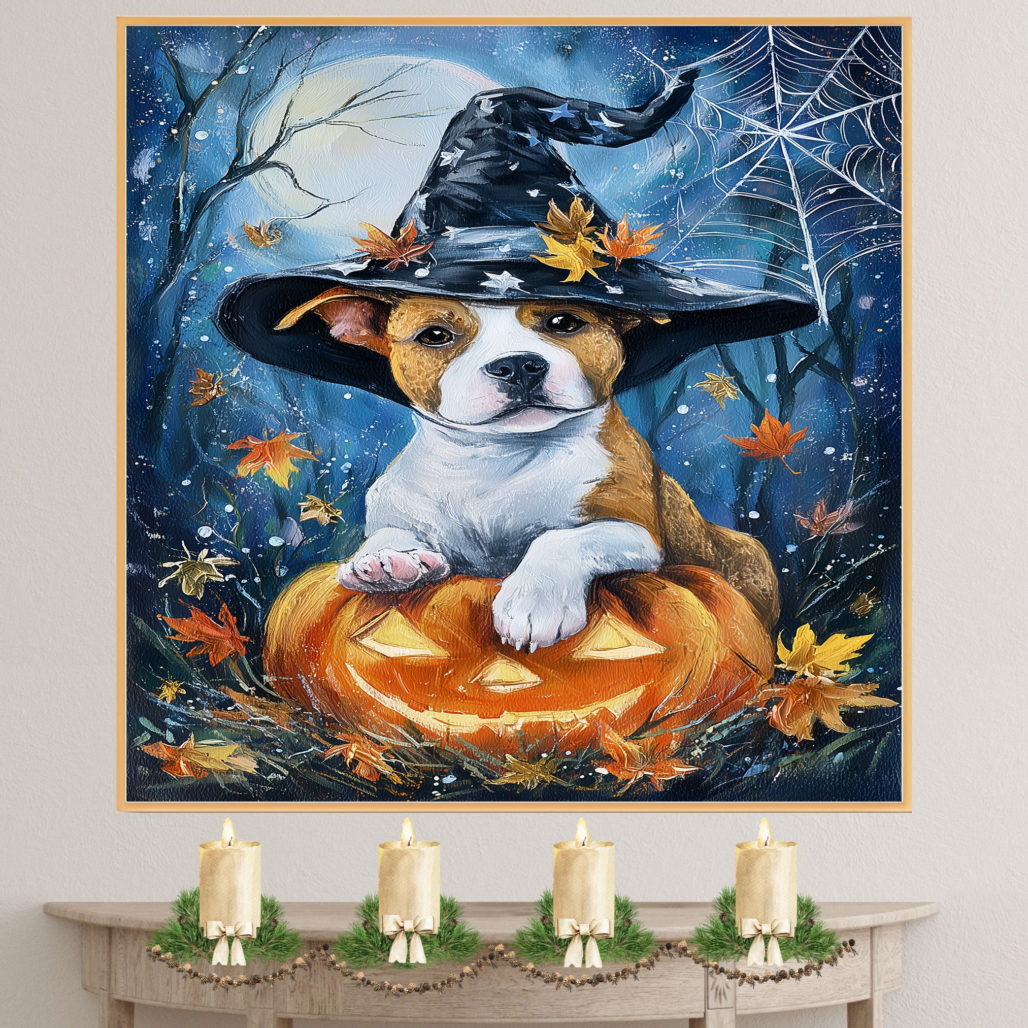 Pitbull Fall Decor Maple Leaves Dog Canvas Art for Mom's Autumn Decorations Poster Print for Home Wall Décor on Ready to Hang 1.5" Thick Canvas Wrap, Floating Framed Canvas, Flat Rolled Canvas