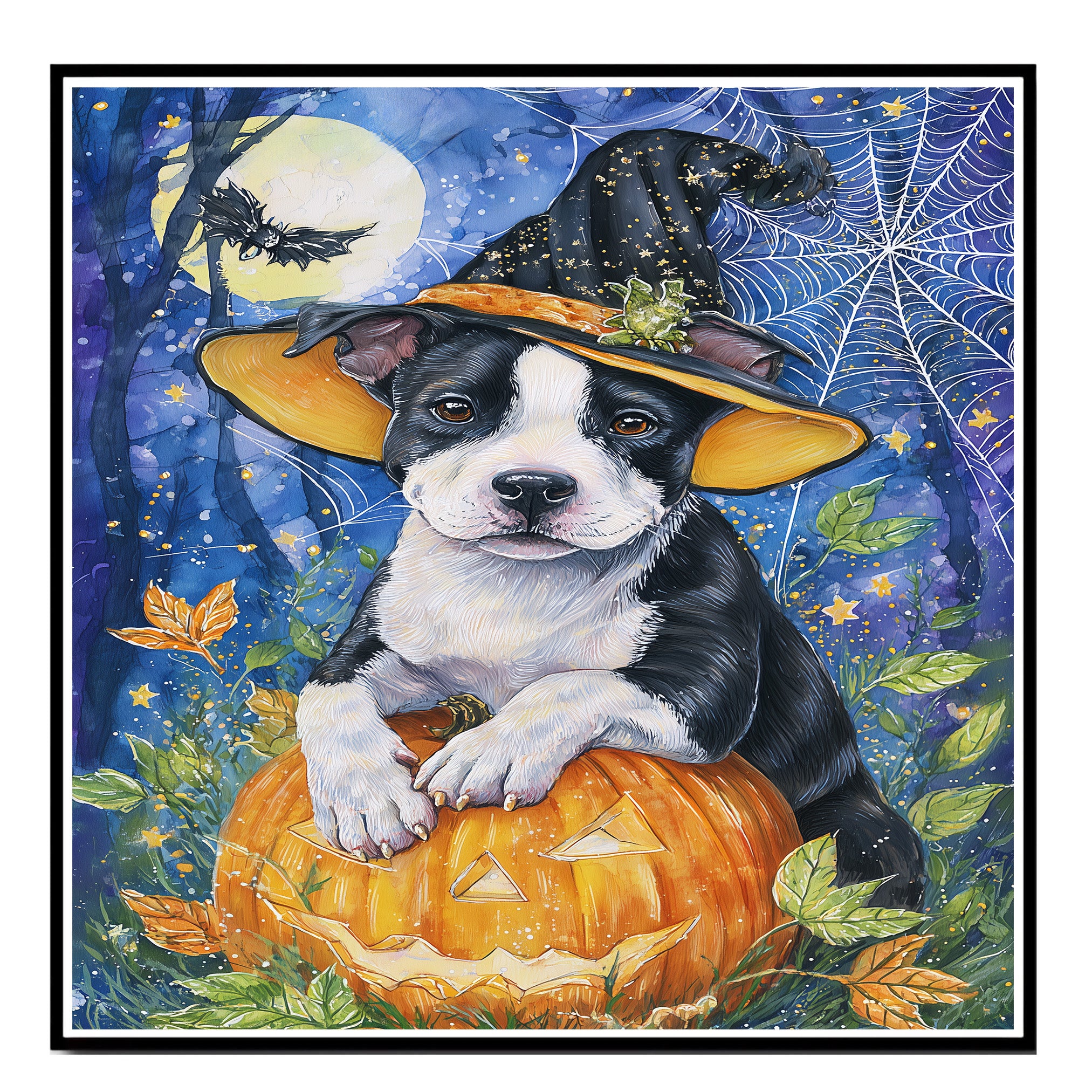 Halloween Pitbull Dog Canvas Wall Art Cute Puppy in Witch Hat and Pumpkin Decor for Dog Lovers on Ready to Hang 1.5" Thick Canvas Wrap, Floating Framed Canvas, Flat Rolled Canvas