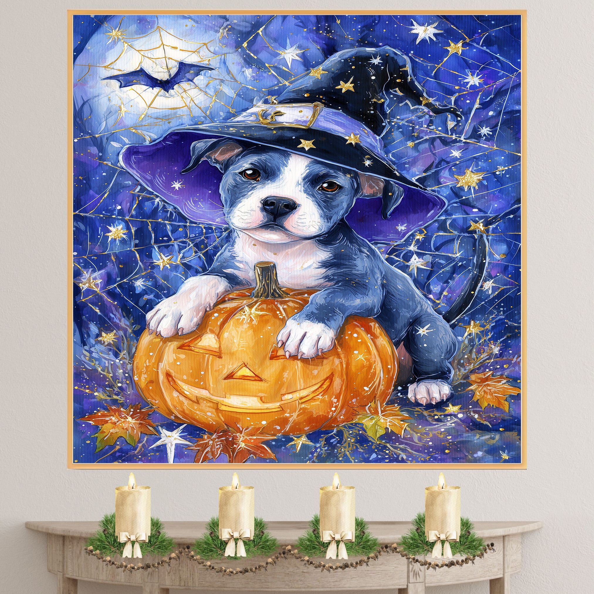 Halloween Pitbull Fall Dog Decor Gifts for Autumn Thanksgiving Decorations for Dog Lover's Bedroom on Ready to Hang 1.5" Thick Canvas Wrap, Floating Framed Canvas, Flat Rolled Canvas