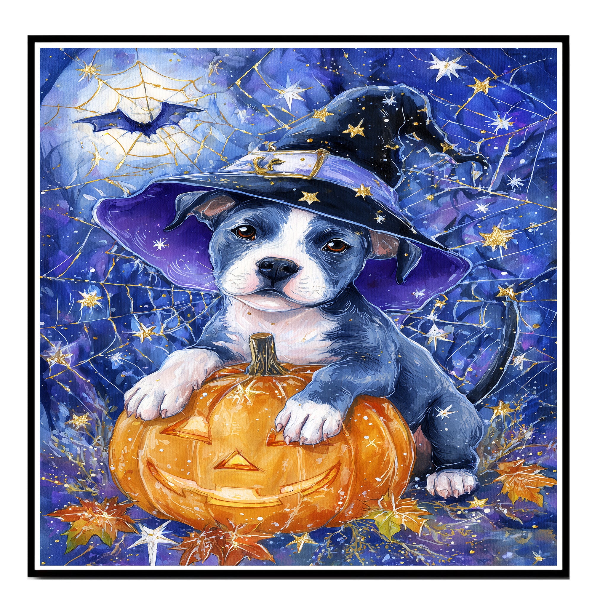Halloween Pitbull Fall Dog Decor Gifts for Autumn Thanksgiving Decorations for Dog Lover's Bedroom on Ready to Hang 1.5" Thick Canvas Wrap, Floating Framed Canvas, Flat Rolled Canvas