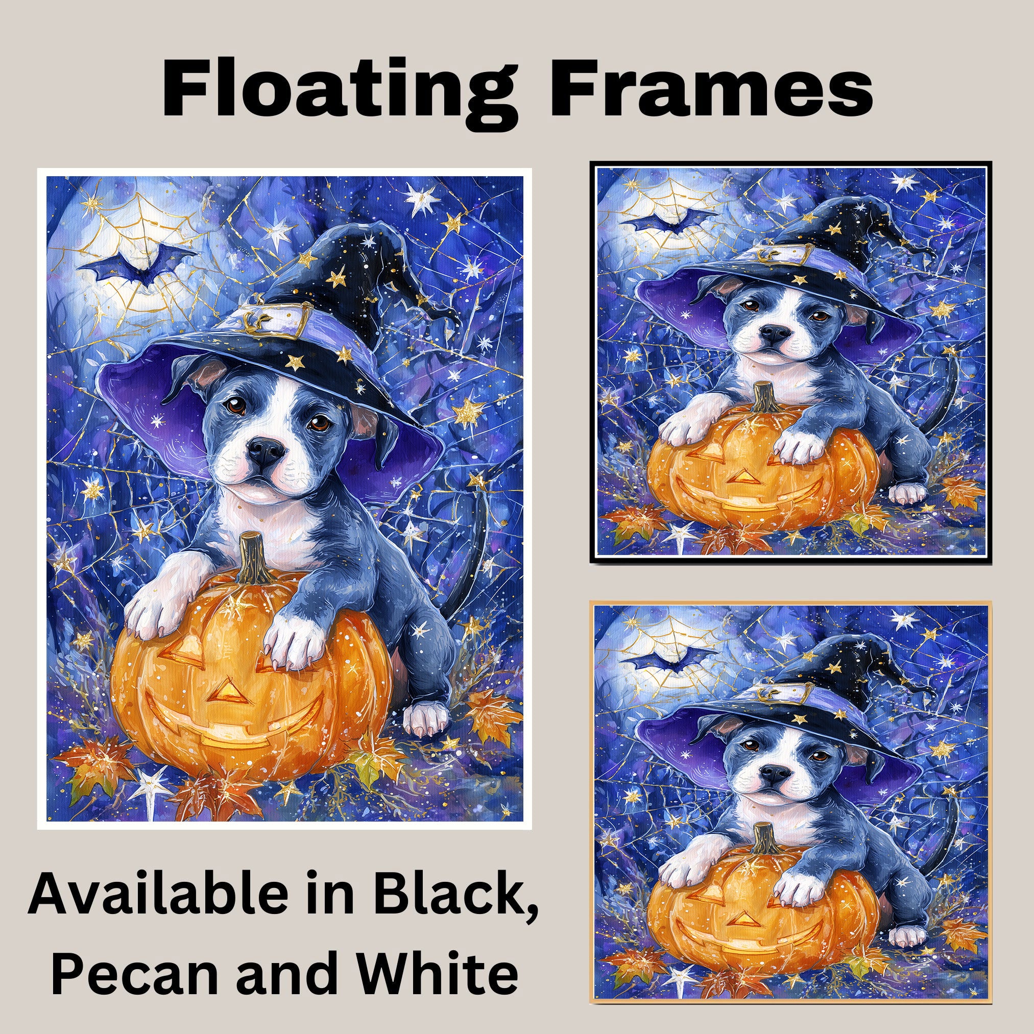 Halloween Pitbull Fall Dog Decor Gifts for Autumn Thanksgiving Decorations for Dog Lover's Bedroom on Ready to Hang 1.5" Thick Canvas Wrap, Floating Framed Canvas, Flat Rolled Canvas