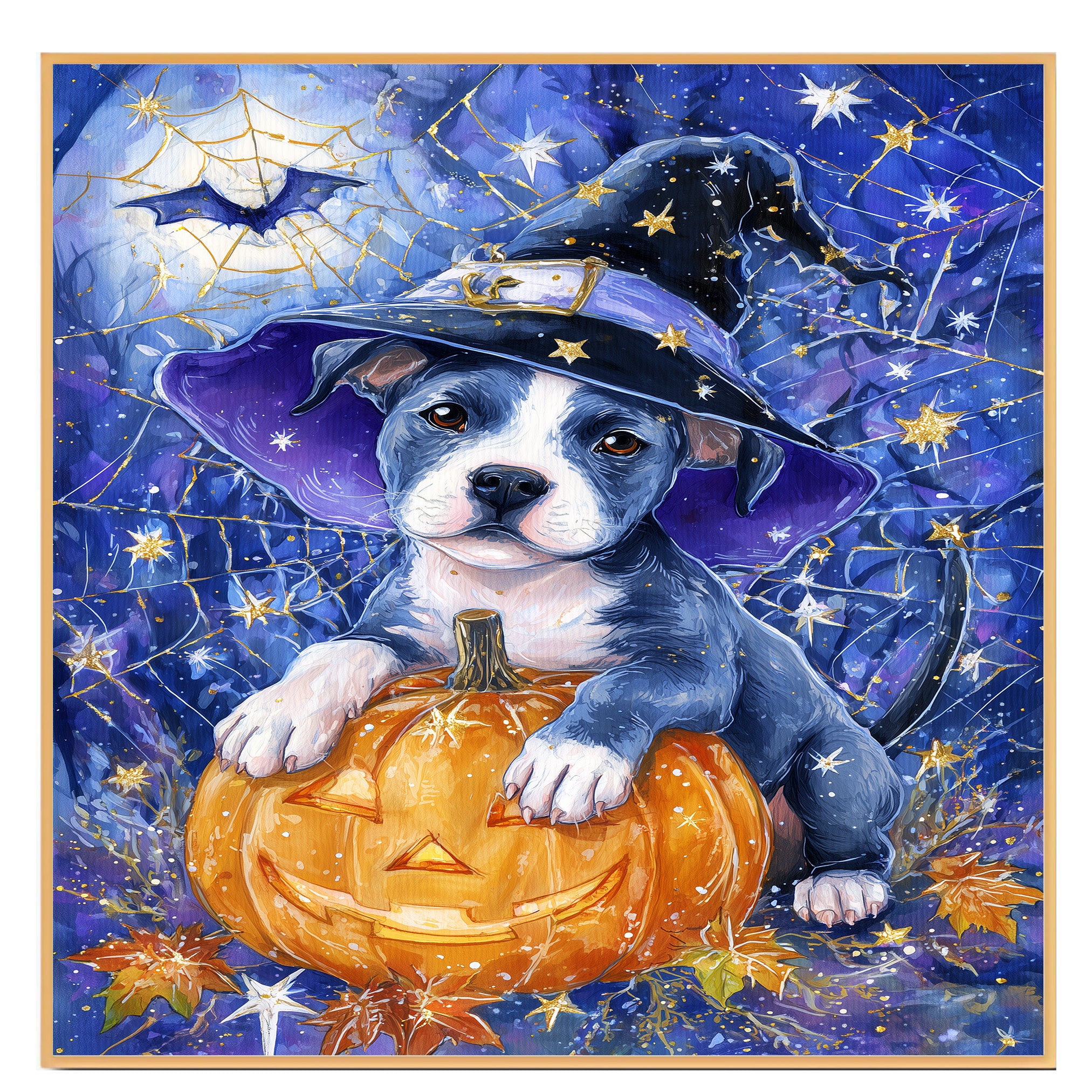 Halloween Pitbull Fall Dog Decor Gifts for Autumn Thanksgiving Decorations for Dog Lover's Bedroom on Ready to Hang 1.5" Thick Canvas Wrap, Floating Framed Canvas, Flat Rolled Canvas
