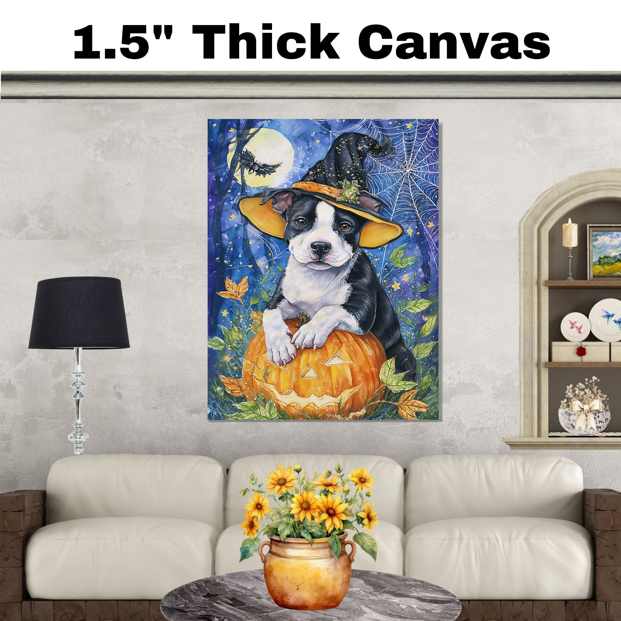 Halloween Pitbull Dog Canvas Wall Art Cute Puppy in Witch Hat and Pumpkin Decor for Dog Lovers on Ready to Hang 1.5" Thick Canvas Wrap, Floating Framed Canvas, Flat Rolled Canvas