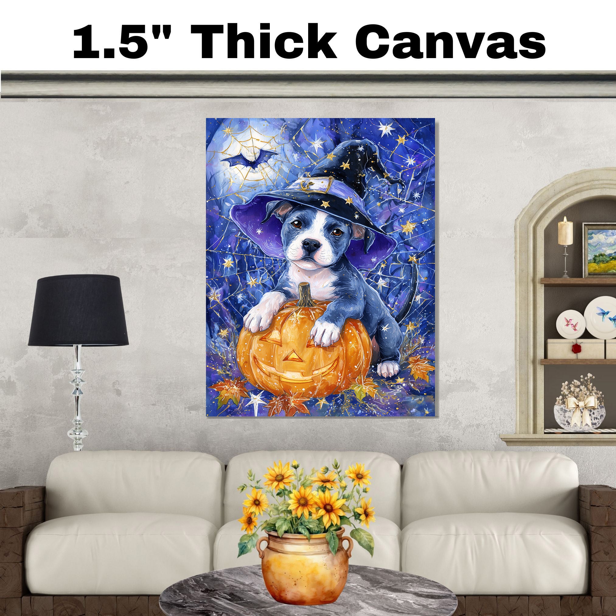 Halloween Pitbull Fall Dog Decor Gifts for Autumn Thanksgiving Decorations for Dog Lover's Bedroom on Ready to Hang 1.5" Thick Canvas Wrap, Floating Framed Canvas, Flat Rolled Canvas