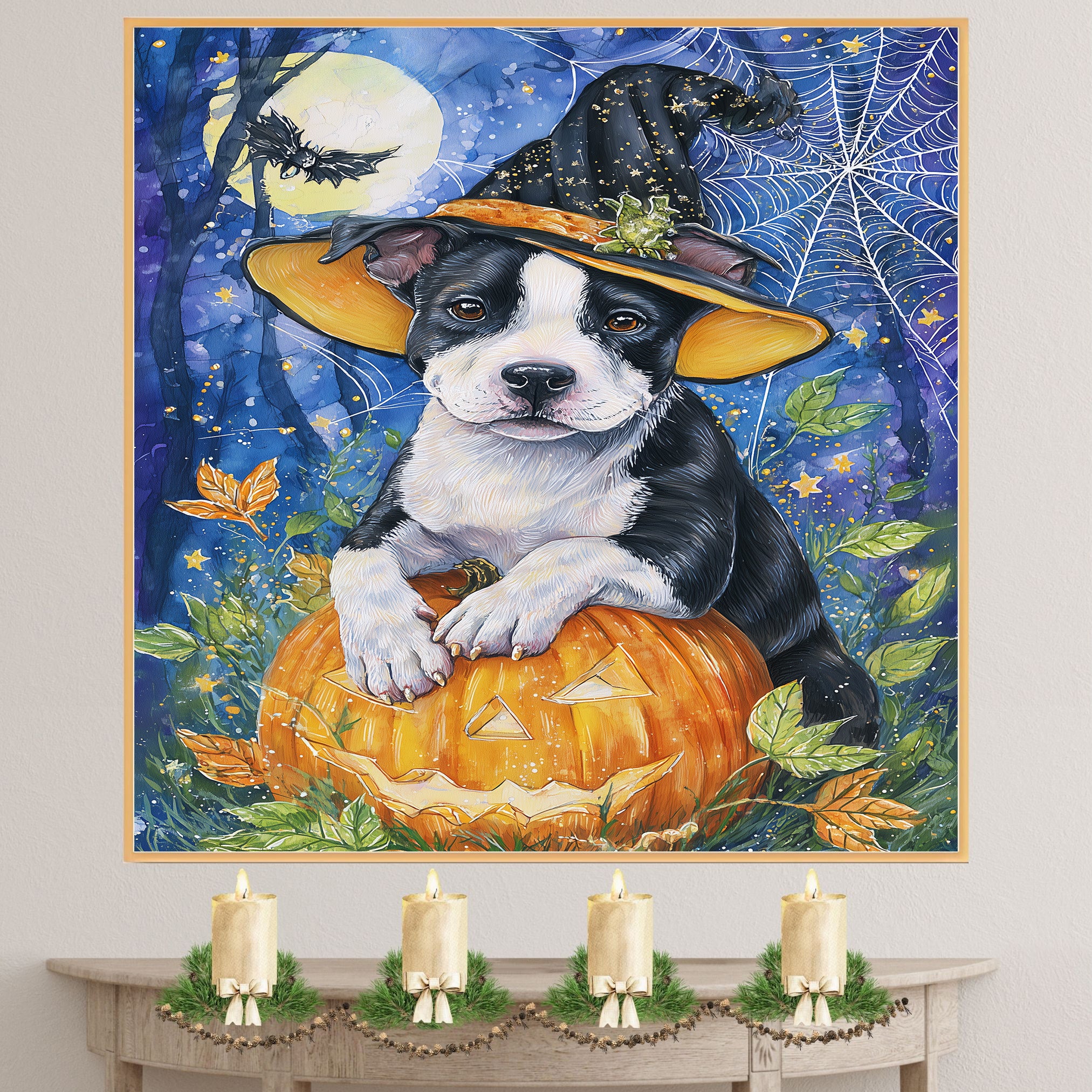 Halloween Pitbull Dog Canvas Wall Art Cute Puppy in Witch Hat and Pumpkin Decor for Dog Lovers on Ready to Hang 1.5" Thick Canvas Wrap, Floating Framed Canvas, Flat Rolled Canvas