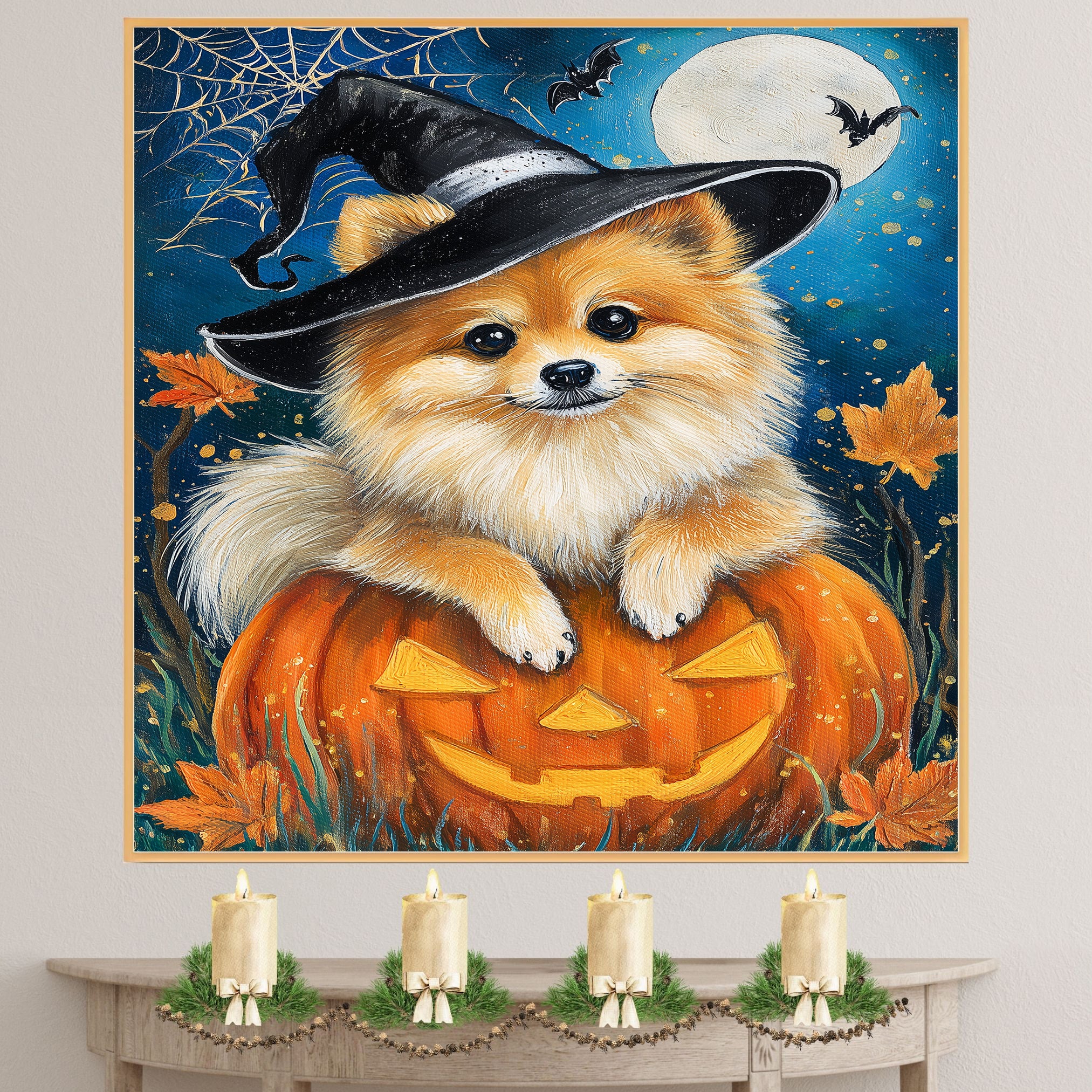 Halloween Pomeranian Dog Canvas Wall Art Puppy in Witch Hat Pumpkin Decor for Dog Lovers Farmhouse  on Ready to Hang 1.5" Thick Canvas Wrap, Floating Framed Canvas, Flat Rolled Canvas