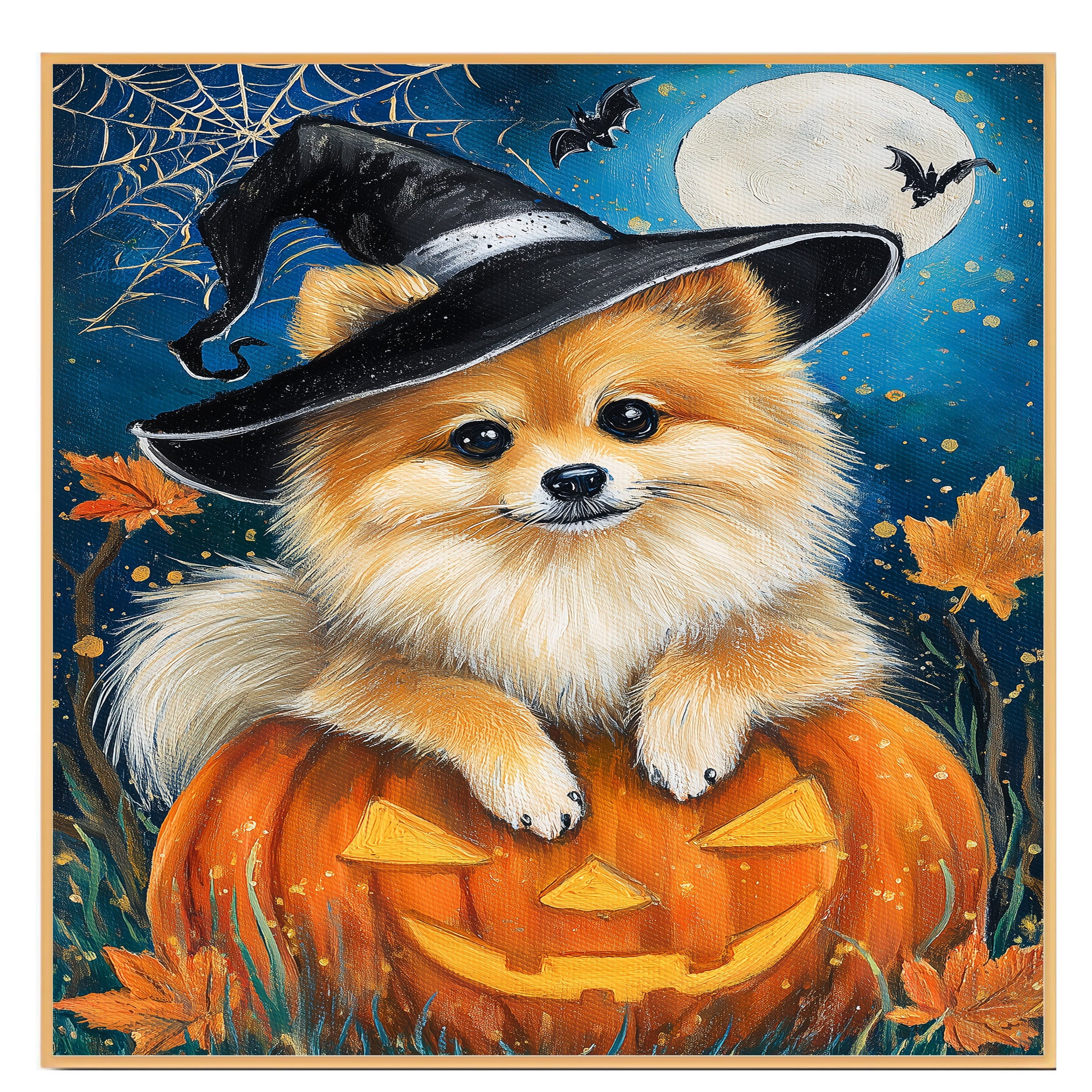 Halloween Pomeranian Dog Canvas Wall Art Puppy in Witch Hat Pumpkin Decor for Dog Lovers Farmhouse  on Ready to Hang 1.5" Thick Canvas Wrap, Floating Framed Canvas, Flat Rolled Canvas
