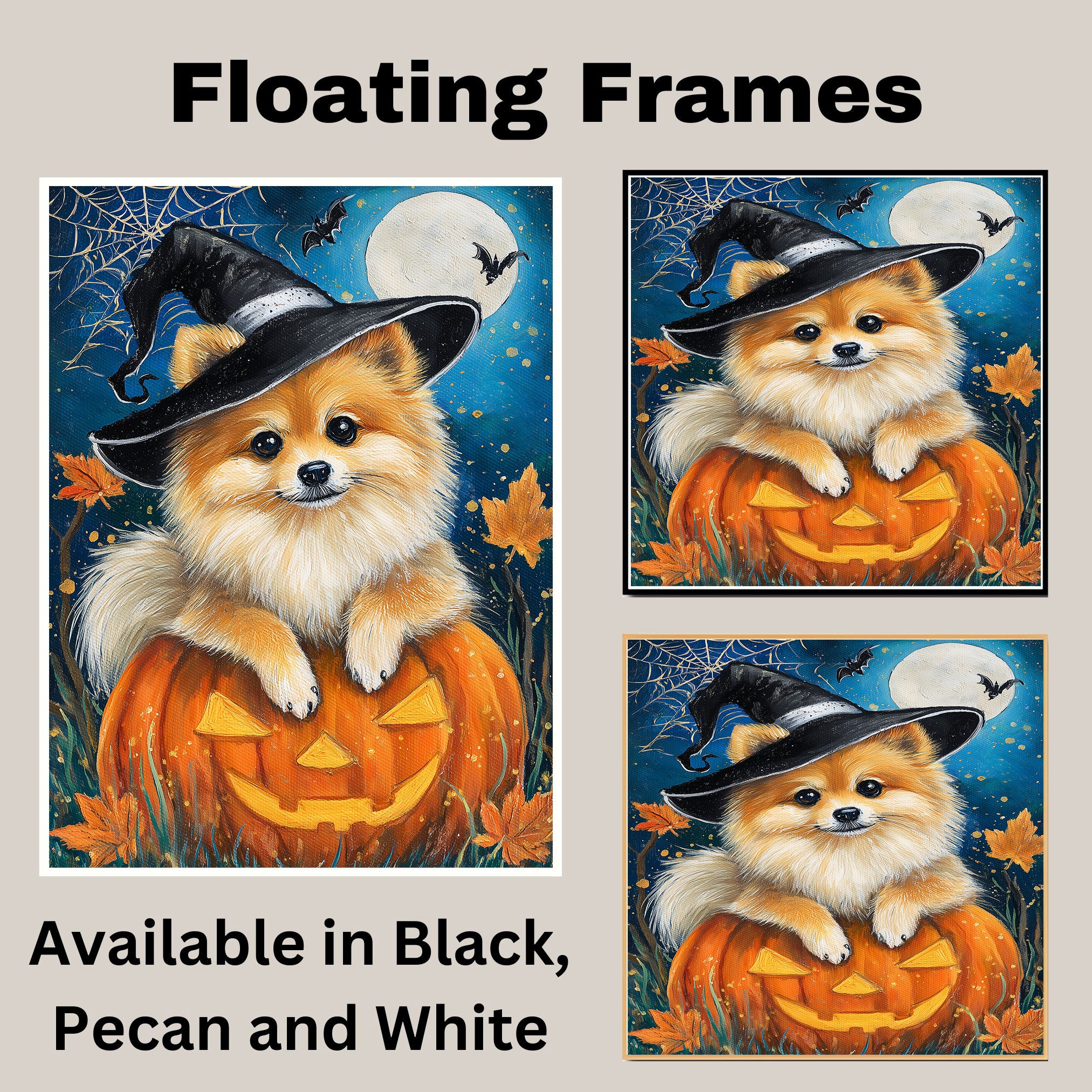 Halloween Pomeranian Dog Canvas Wall Art Puppy in Witch Hat Pumpkin Decor for Dog Lovers Farmhouse  on Ready to Hang 1.5" Thick Canvas Wrap, Floating Framed Canvas, Flat Rolled Canvas