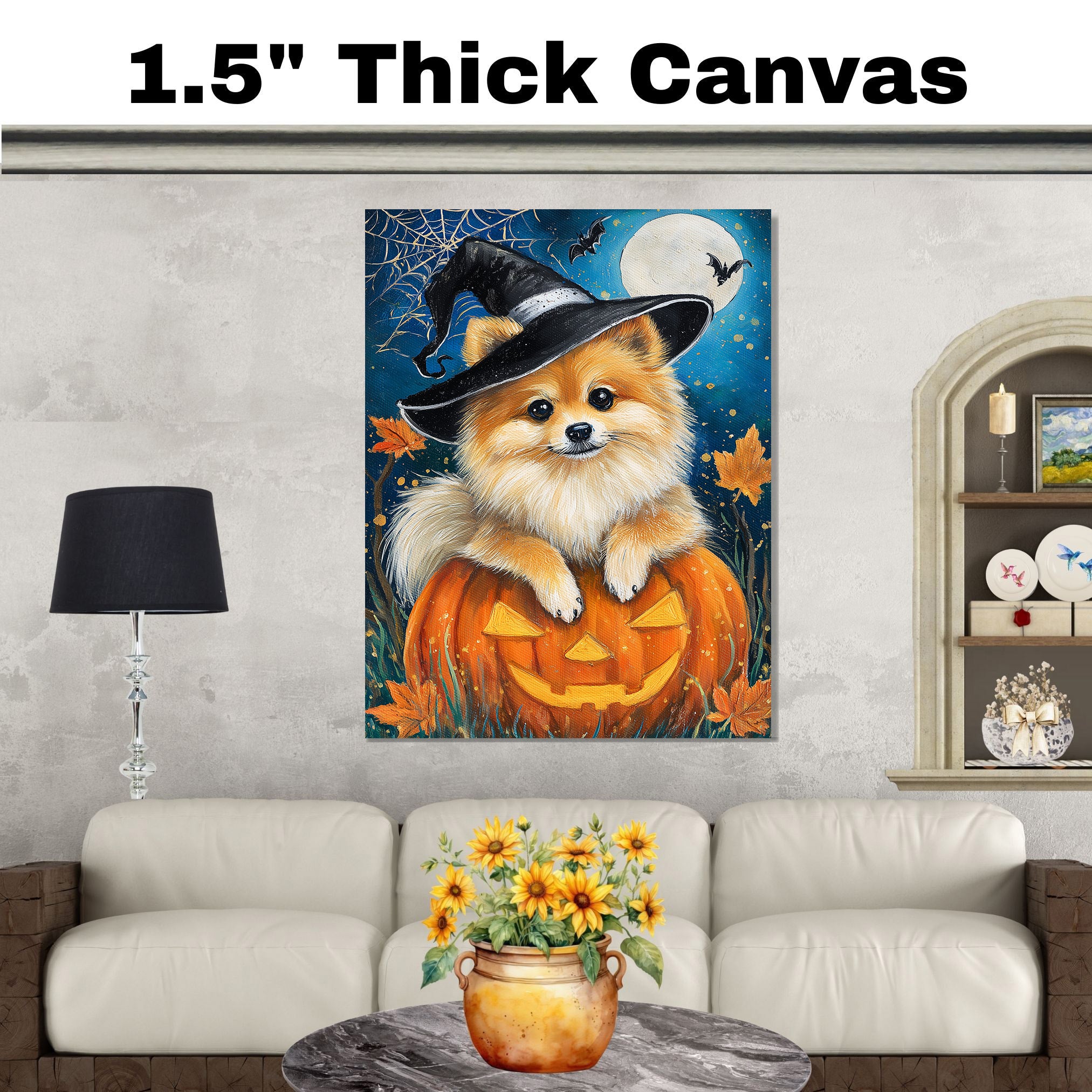 Halloween Pomeranian Dog Canvas Wall Art Puppy in Witch Hat Pumpkin Decor for Dog Lovers Farmhouse  on Ready to Hang 1.5" Thick Canvas Wrap, Floating Framed Canvas, Flat Rolled Canvas