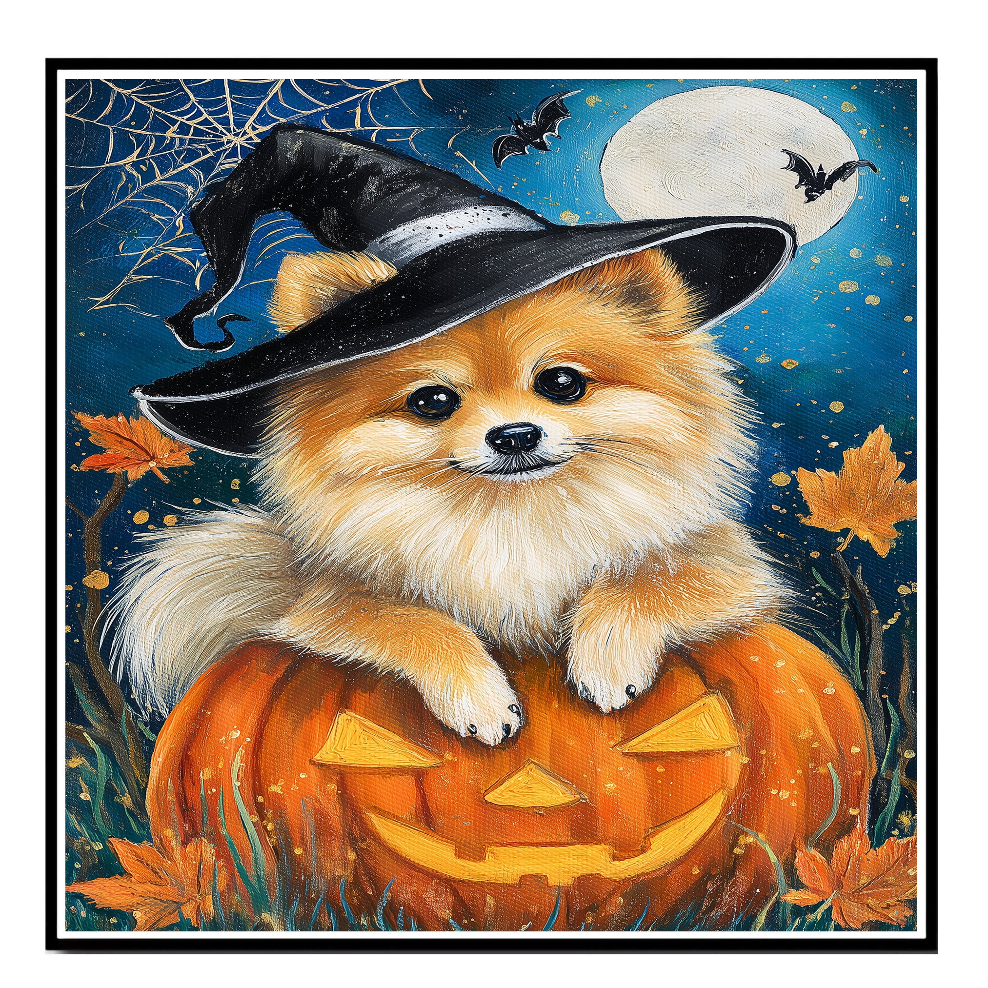 Halloween Pomeranian Dog Canvas Wall Art Puppy in Witch Hat Pumpkin Decor for Dog Lovers Farmhouse  on Ready to Hang 1.5" Thick Canvas Wrap, Floating Framed Canvas, Flat Rolled Canvas