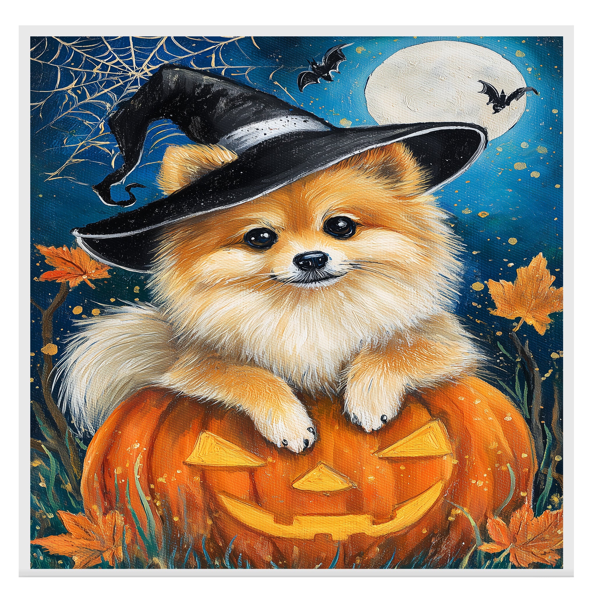 Halloween Pomeranian Dog Canvas Wall Art Puppy in Witch Hat Pumpkin Decor for Dog Lovers Farmhouse  on Ready to Hang 1.5" Thick Canvas Wrap, Floating Framed Canvas, Flat Rolled Canvas