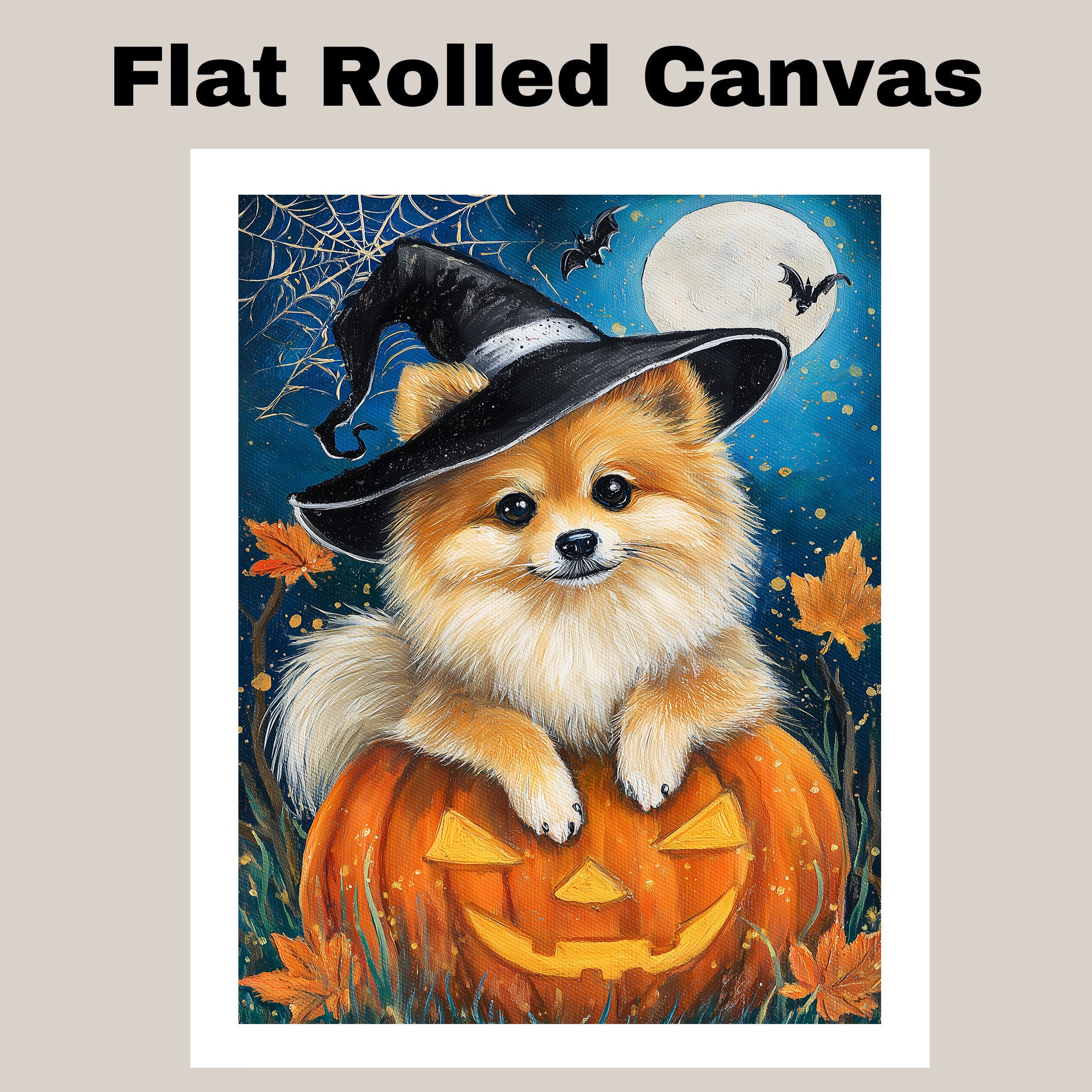 Halloween Pomeranian Dog Canvas Wall Art Puppy in Witch Hat Pumpkin Decor for Dog Lovers Farmhouse  on Ready to Hang 1.5" Thick Canvas Wrap, Floating Framed Canvas, Flat Rolled Canvas