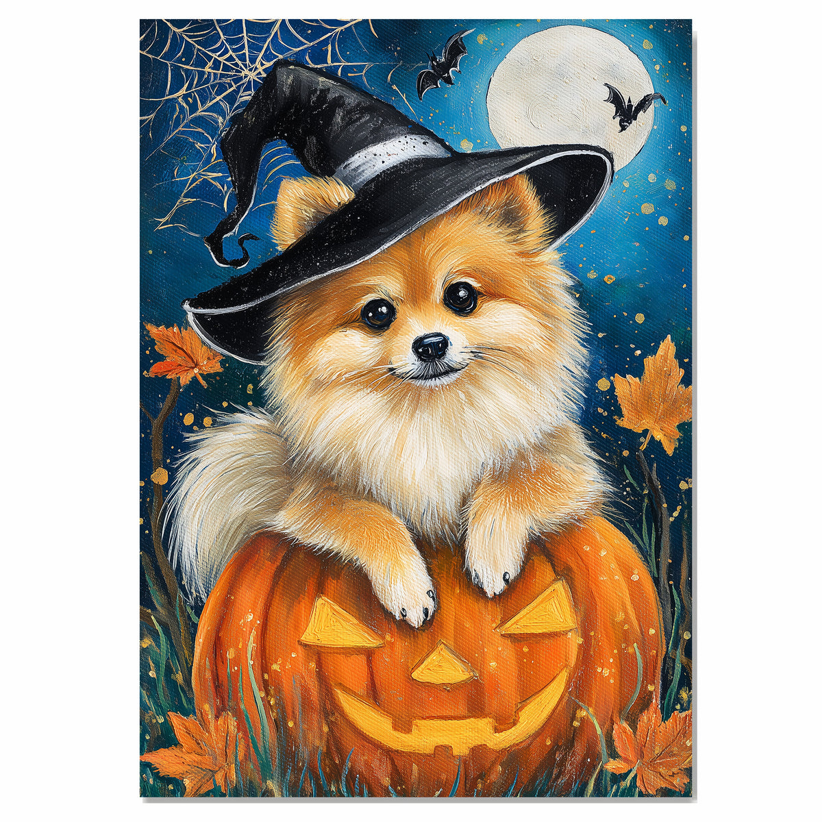 Halloween Pomeranian Dog Canvas Wall Art Puppy in Witch Hat Pumpkin Decor for Dog Lovers Farmhouse  on Ready to Hang 1.5" Thick Canvas Wrap, Floating Framed Canvas, Flat Rolled Canvas