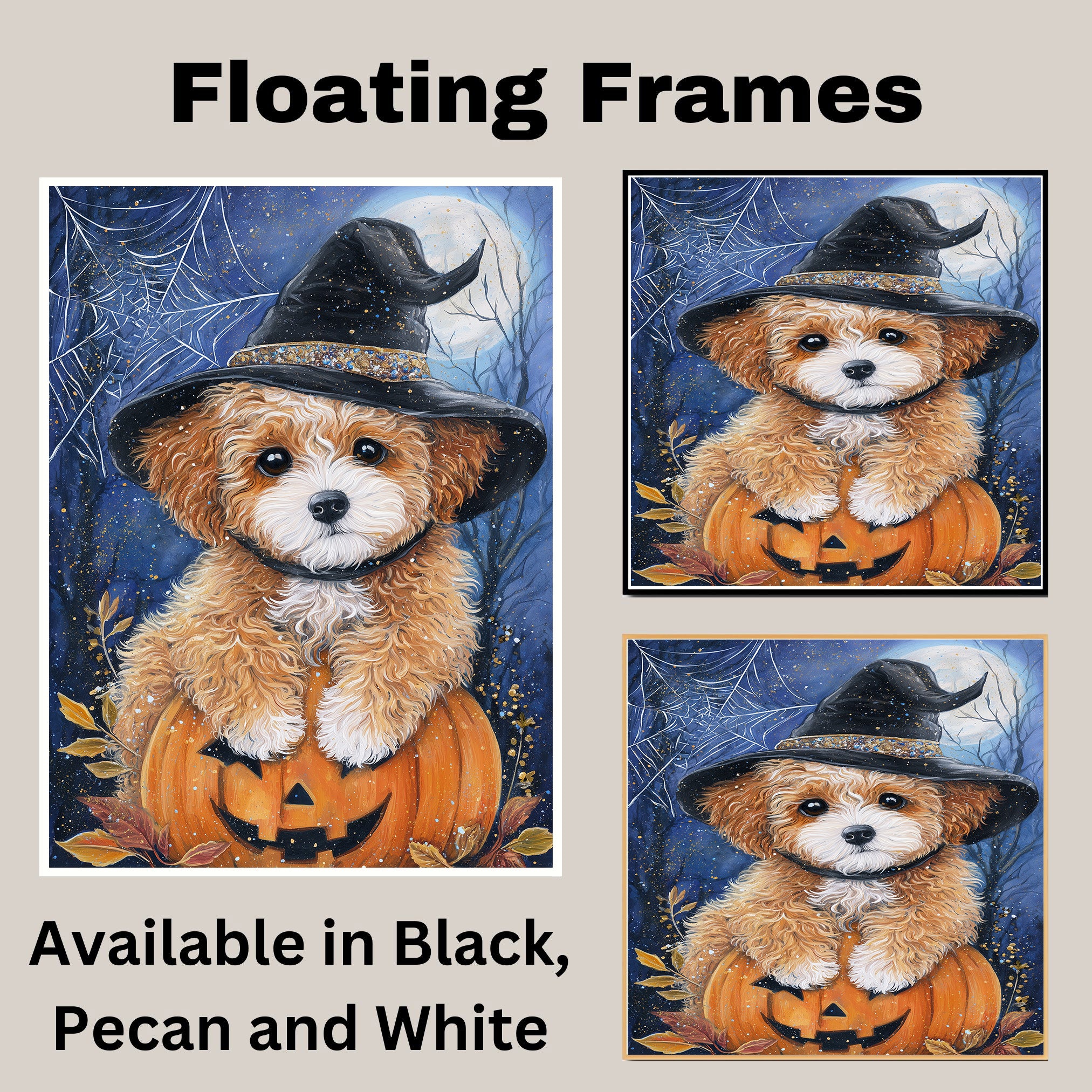 Poodle Dog Canvas Wall Art Cute Puppy in Witch Hat and Pumpkin Fall Indoor Decor for Dog Lovers on Ready to Hang 1.5" Thick Canvas Wrap, Floating Framed Canvas, Flat Rolled Canvas
