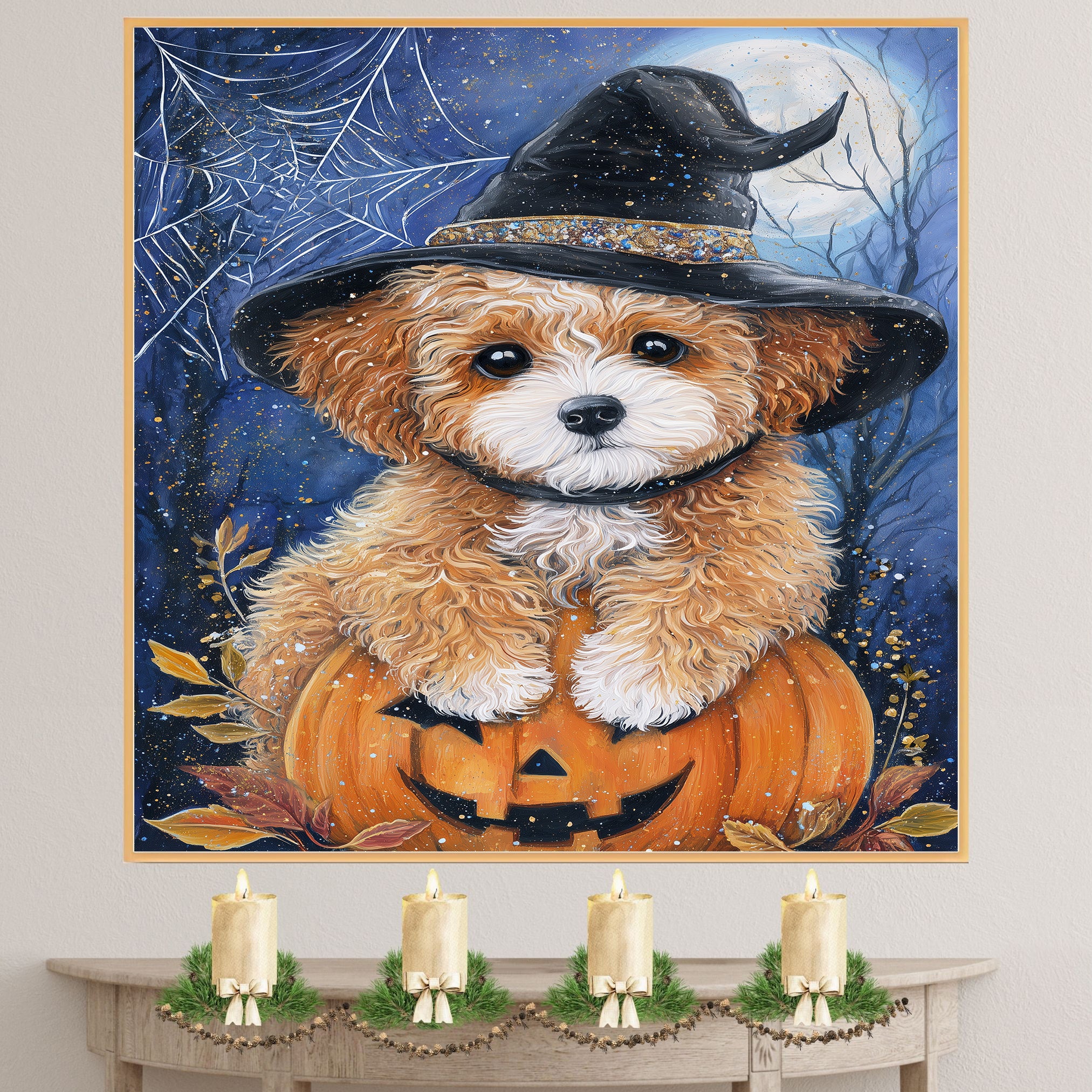 Poodle Dog Canvas Wall Art Cute Puppy in Witch Hat and Pumpkin Fall Indoor Decor for Dog Lovers on Ready to Hang 1.5" Thick Canvas Wrap, Floating Framed Canvas, Flat Rolled Canvas