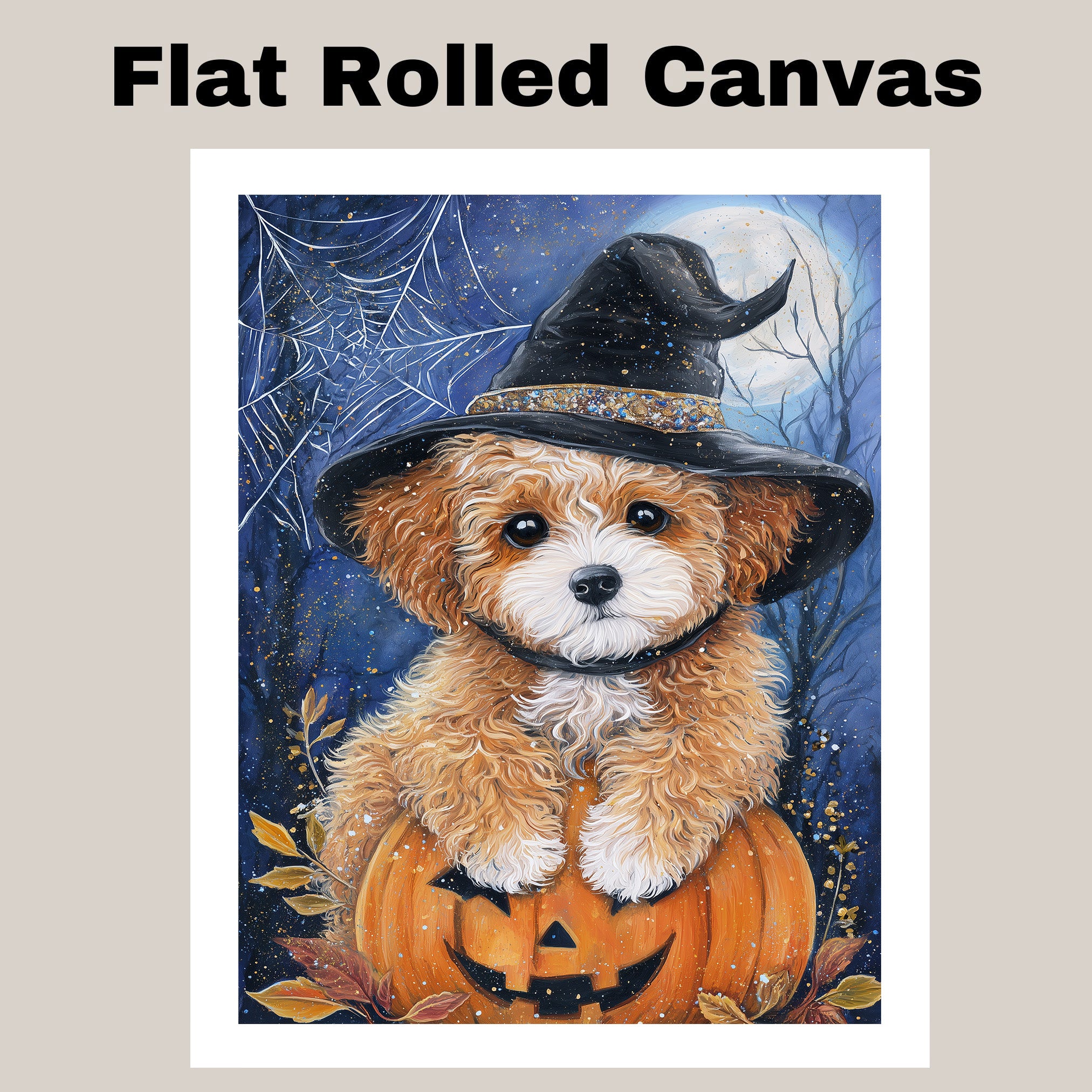 Poodle Dog Canvas Wall Art Cute Puppy in Witch Hat and Pumpkin Fall Indoor Decor for Dog Lovers on Ready to Hang 1.5" Thick Canvas Wrap, Floating Framed Canvas, Flat Rolled Canvas