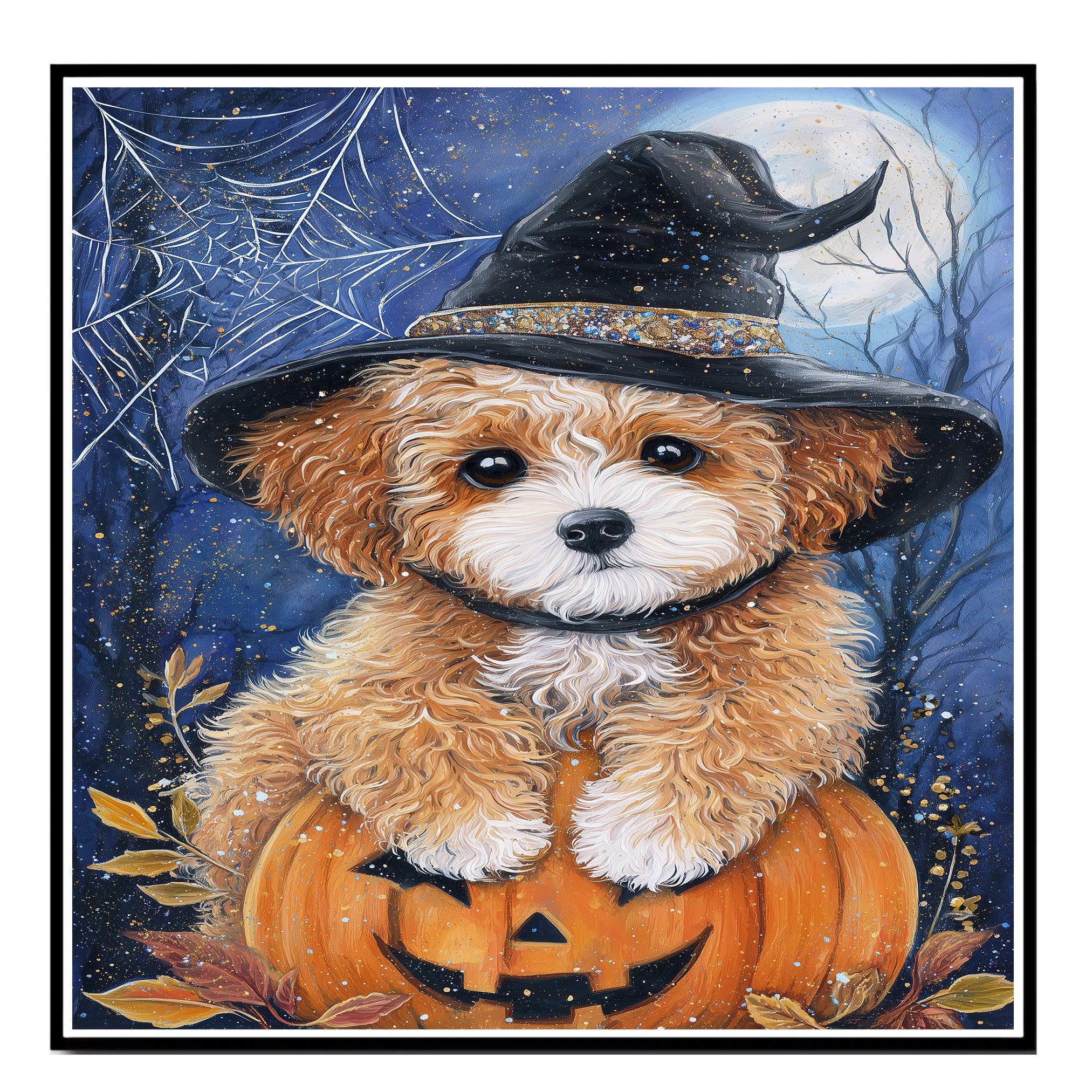 Poodle Dog Canvas Wall Art Cute Puppy in Witch Hat and Pumpkin Fall Indoor Decor for Dog Lovers on Ready to Hang 1.5" Thick Canvas Wrap, Floating Framed Canvas, Flat Rolled Canvas