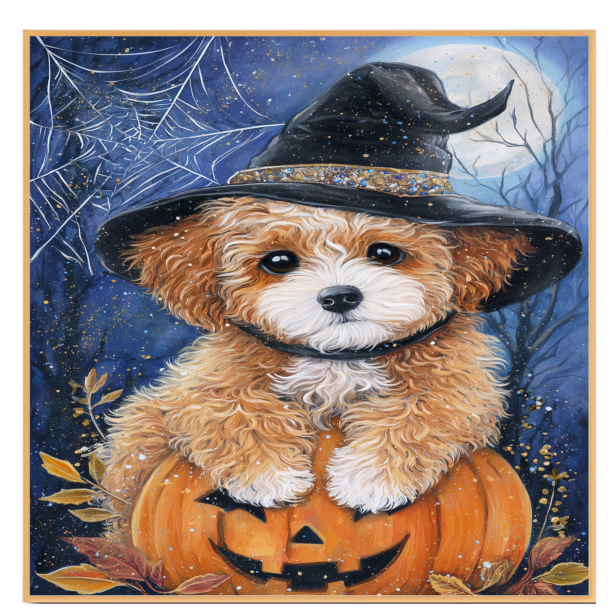 Poodle Dog Canvas Wall Art Cute Puppy in Witch Hat and Pumpkin Fall Indoor Decor for Dog Lovers on Ready to Hang 1.5" Thick Canvas Wrap, Floating Framed Canvas, Flat Rolled Canvas