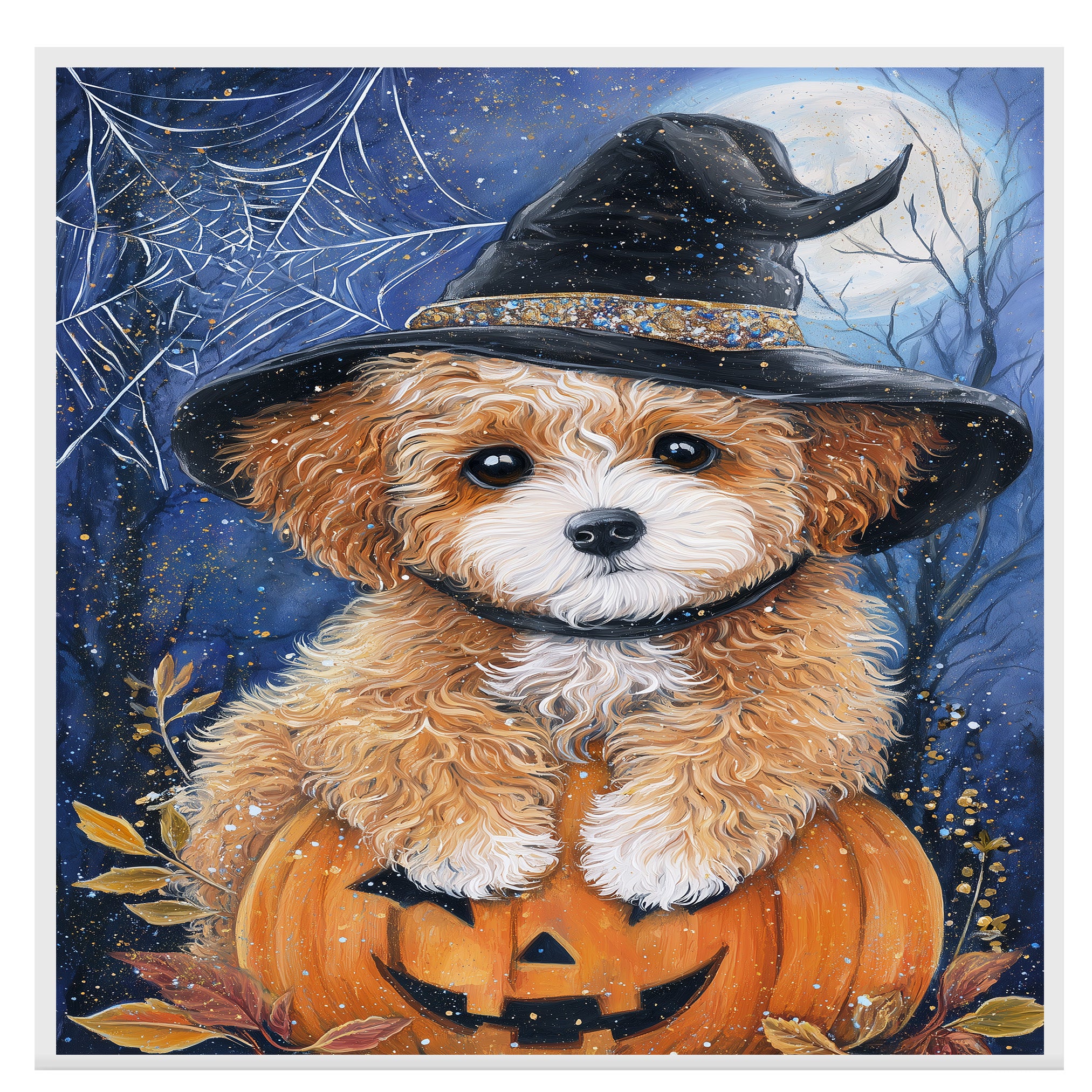 Poodle Dog Canvas Wall Art Cute Puppy in Witch Hat and Pumpkin Fall Indoor Decor for Dog Lovers on Ready to Hang 1.5" Thick Canvas Wrap, Floating Framed Canvas, Flat Rolled Canvas
