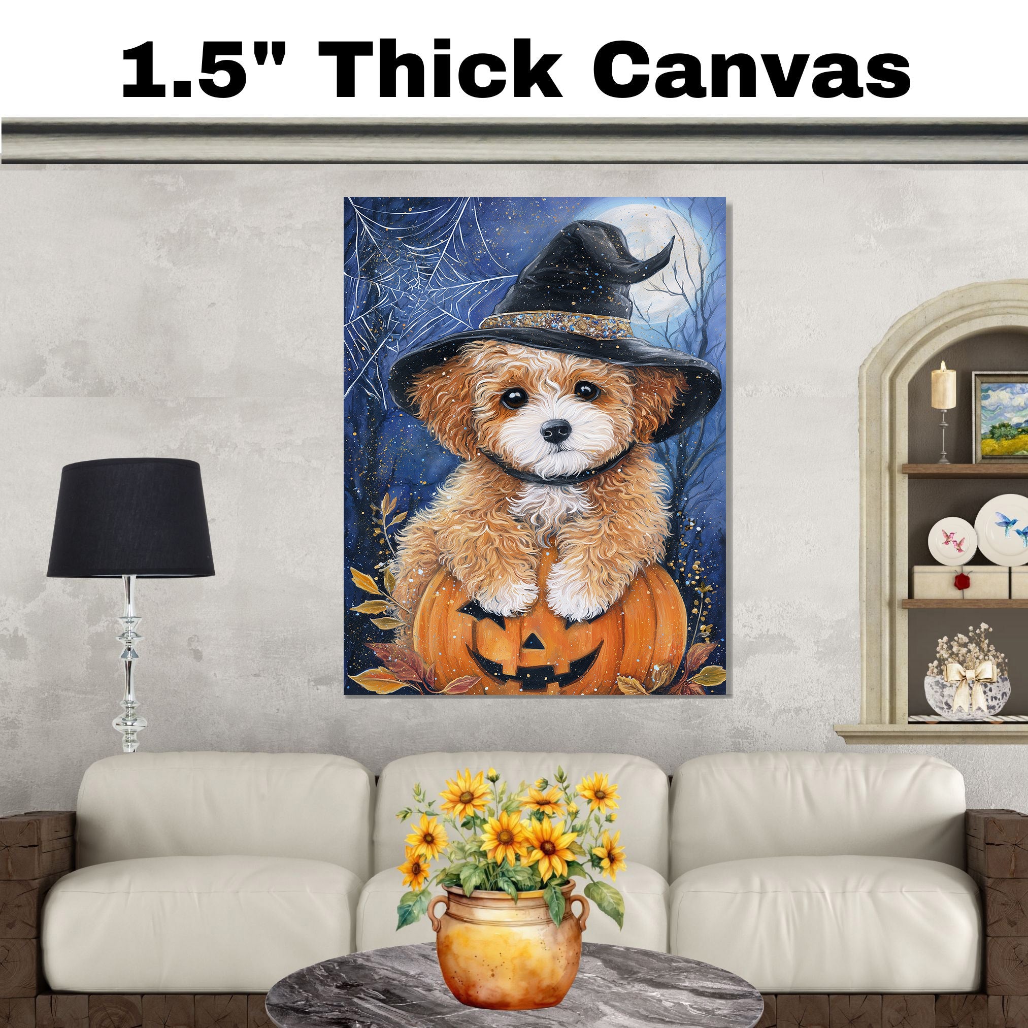 Poodle Dog Canvas Wall Art Cute Puppy in Witch Hat and Pumpkin Fall Indoor Decor for Dog Lovers on Ready to Hang 1.5" Thick Canvas Wrap, Floating Framed Canvas, Flat Rolled Canvas