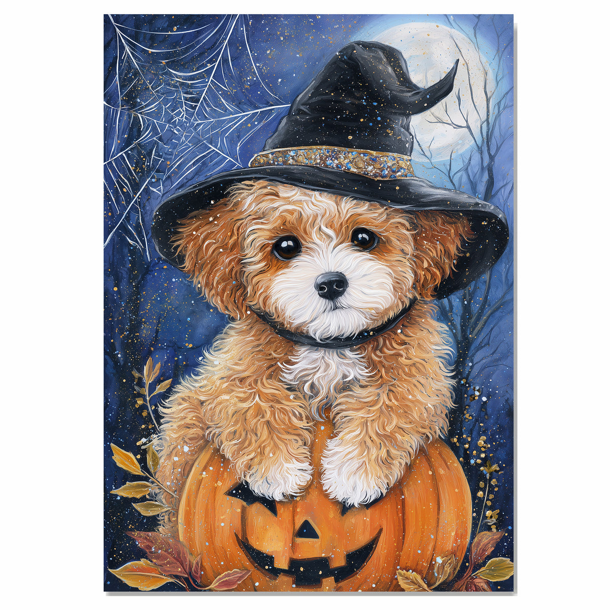 Poodle Dog Canvas Wall Art Cute Puppy in Witch Hat and Pumpkin Fall Indoor Decor for Dog Lovers on Ready to Hang 1.5" Thick Canvas Wrap, Floating Framed Canvas, Flat Rolled Canvas