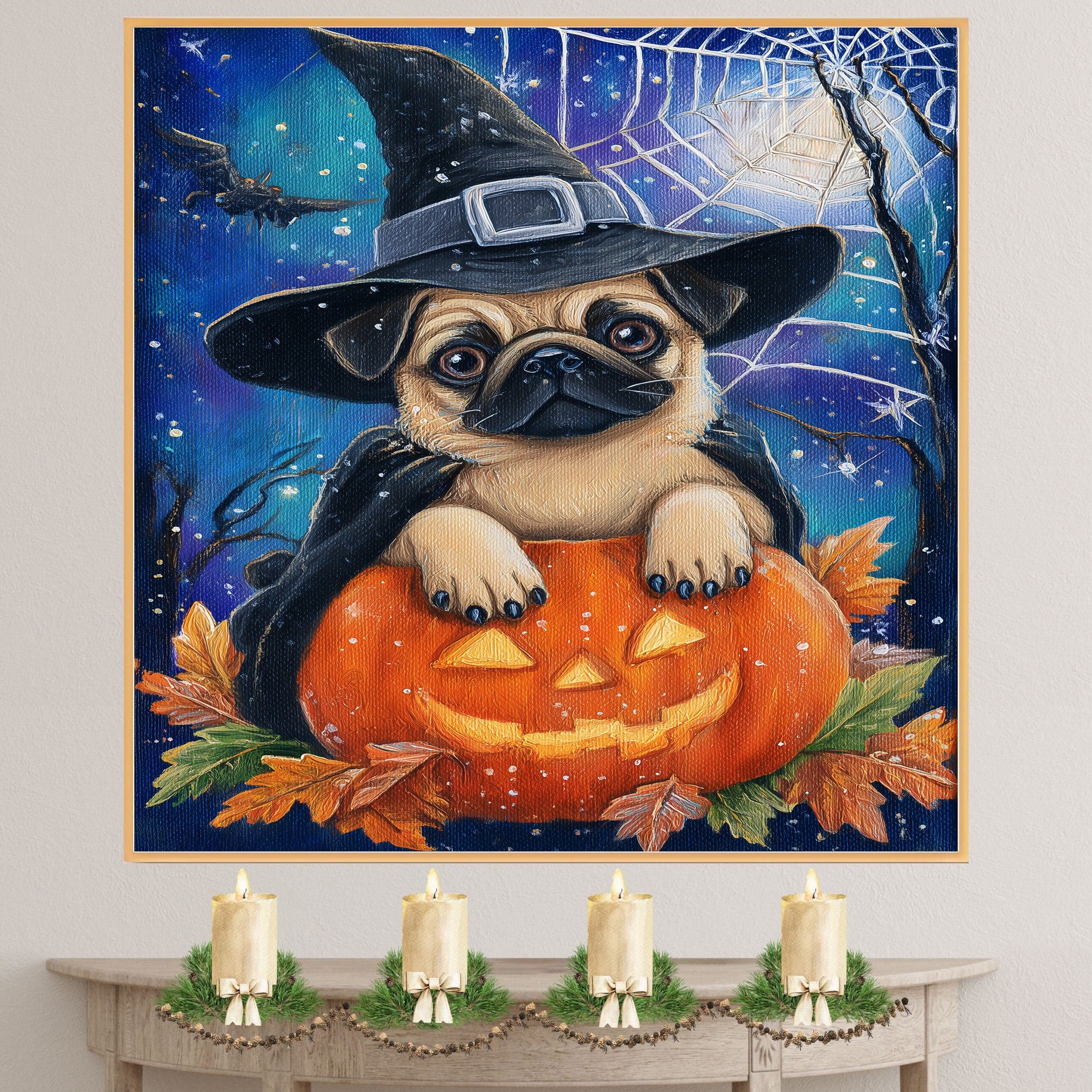 Halloween Pug Dog Canvas Wall Art for Farmhouse Fall Decor Autumn Decorations for Home Décor Gifts on Ready to Hang 1.5" Thick Canvas Wrap, Floating Framed Canvas, Flat Rolled Canvas