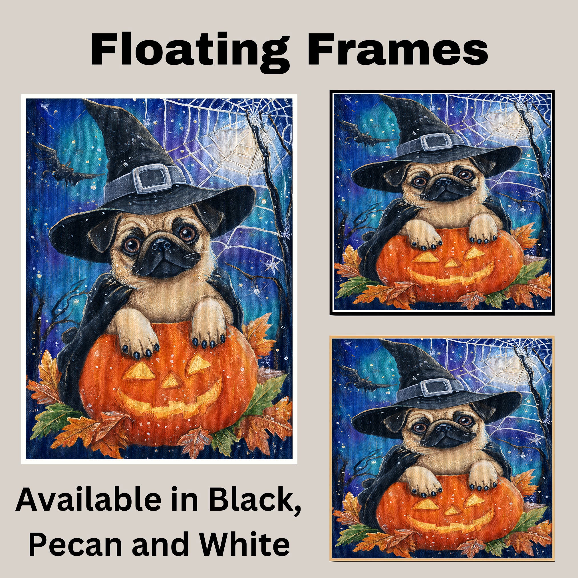 Halloween Pug Dog Canvas Wall Art for Farmhouse Fall Decor Autumn Decorations for Home Décor Gifts on Ready to Hang 1.5" Thick Canvas Wrap, Floating Framed Canvas, Flat Rolled Canvas